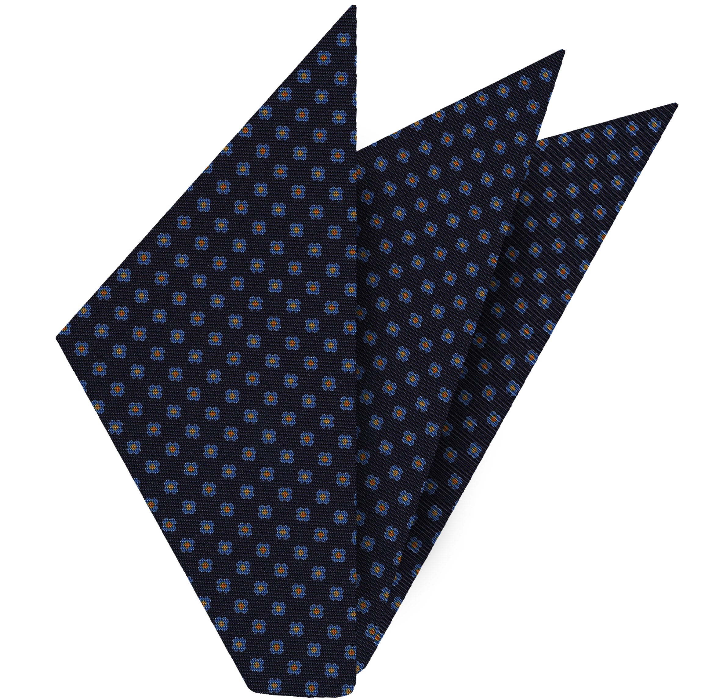 {[en]:Sky Blue, Yellow & Burnt Orange on Midnight Blue Macclesfield Print Silk Pocket Square