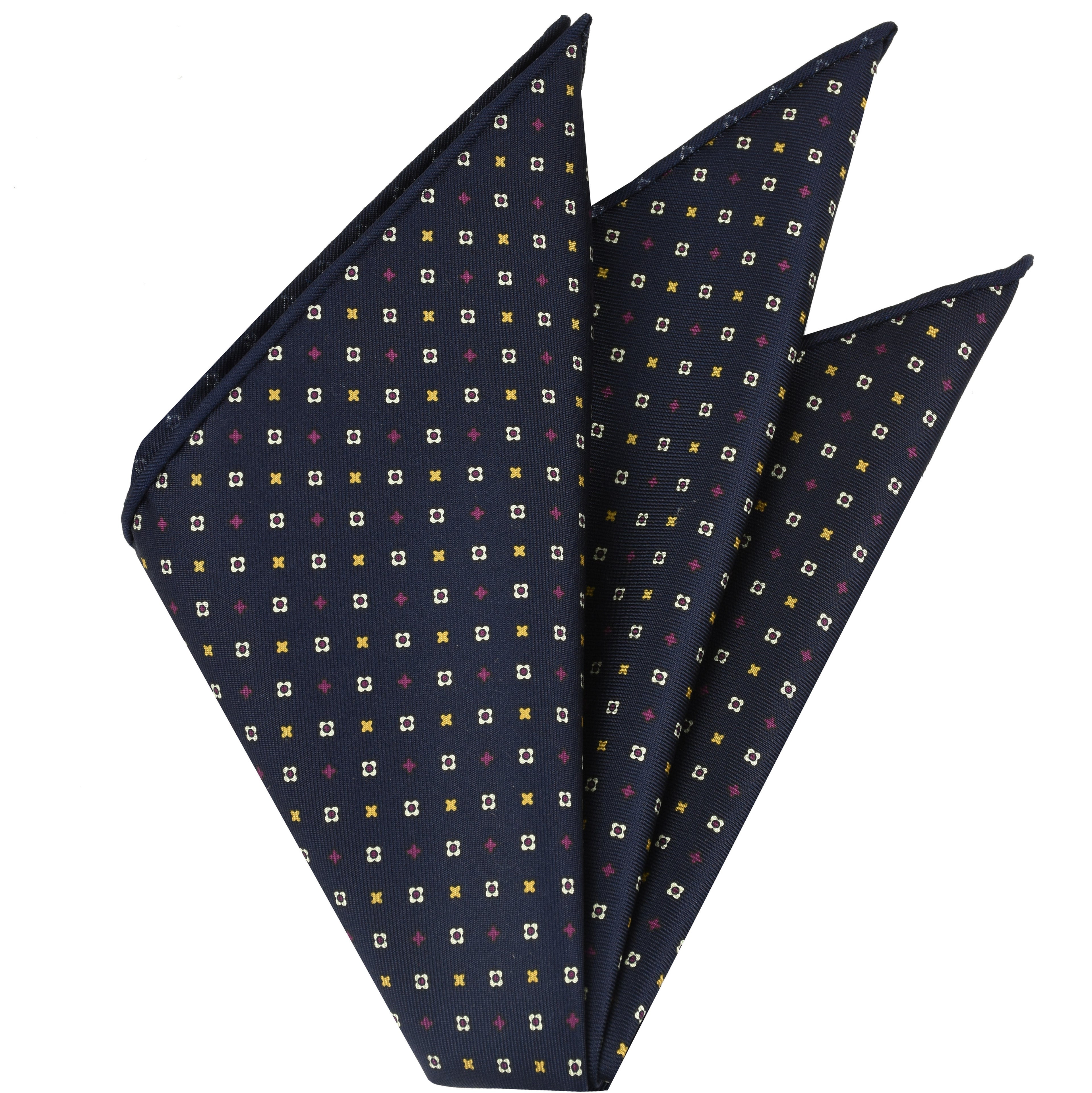 {[en]:Yellow Gold, Purple & White on Midnight Blue Macclesfield Print Silk Pocket Square
