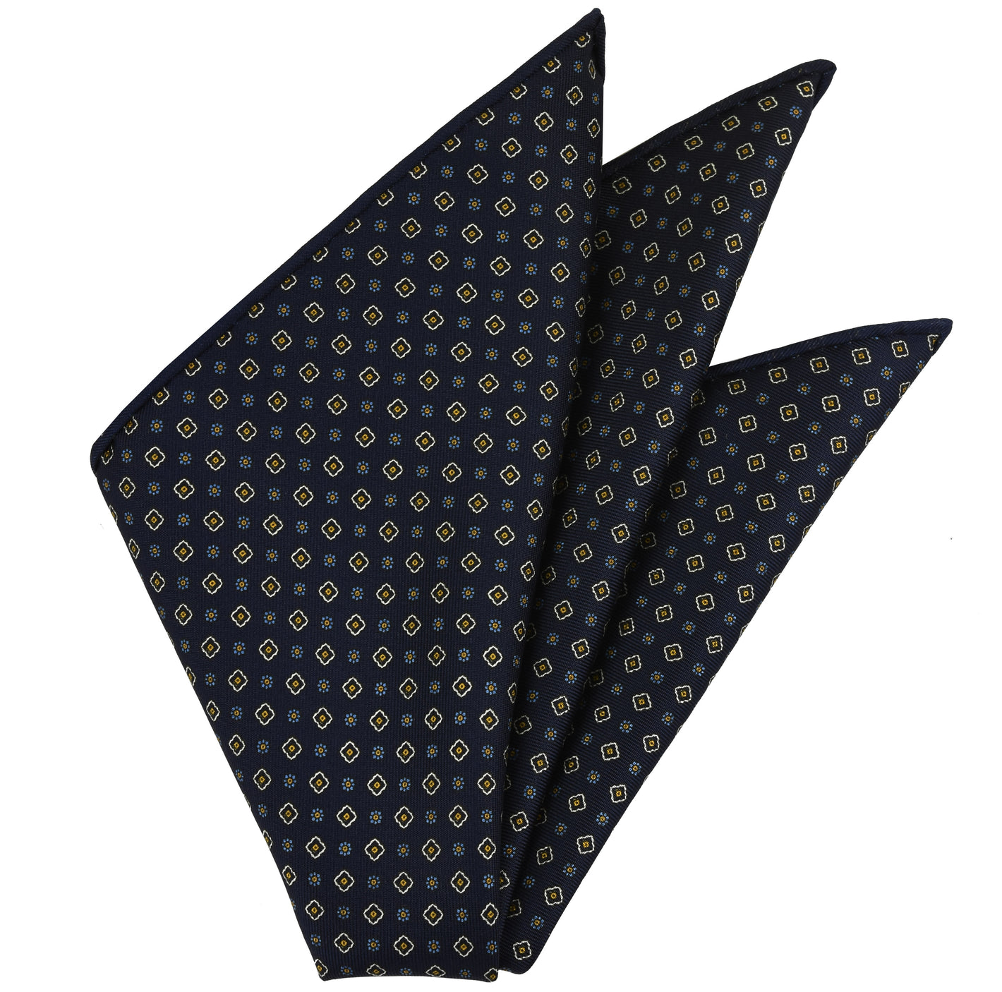 {[en]:Sky Blue, Burnt Orange & White on Midnight Blue Macclesfield Print Silk Pocket Square