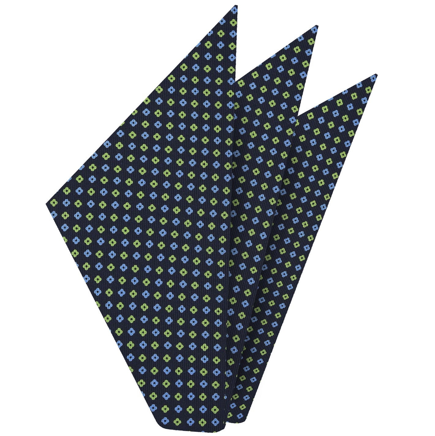 {[en]:Sky Blue & Lime Green on Midnight Blue Macclesfield Print Silk Pocket Square