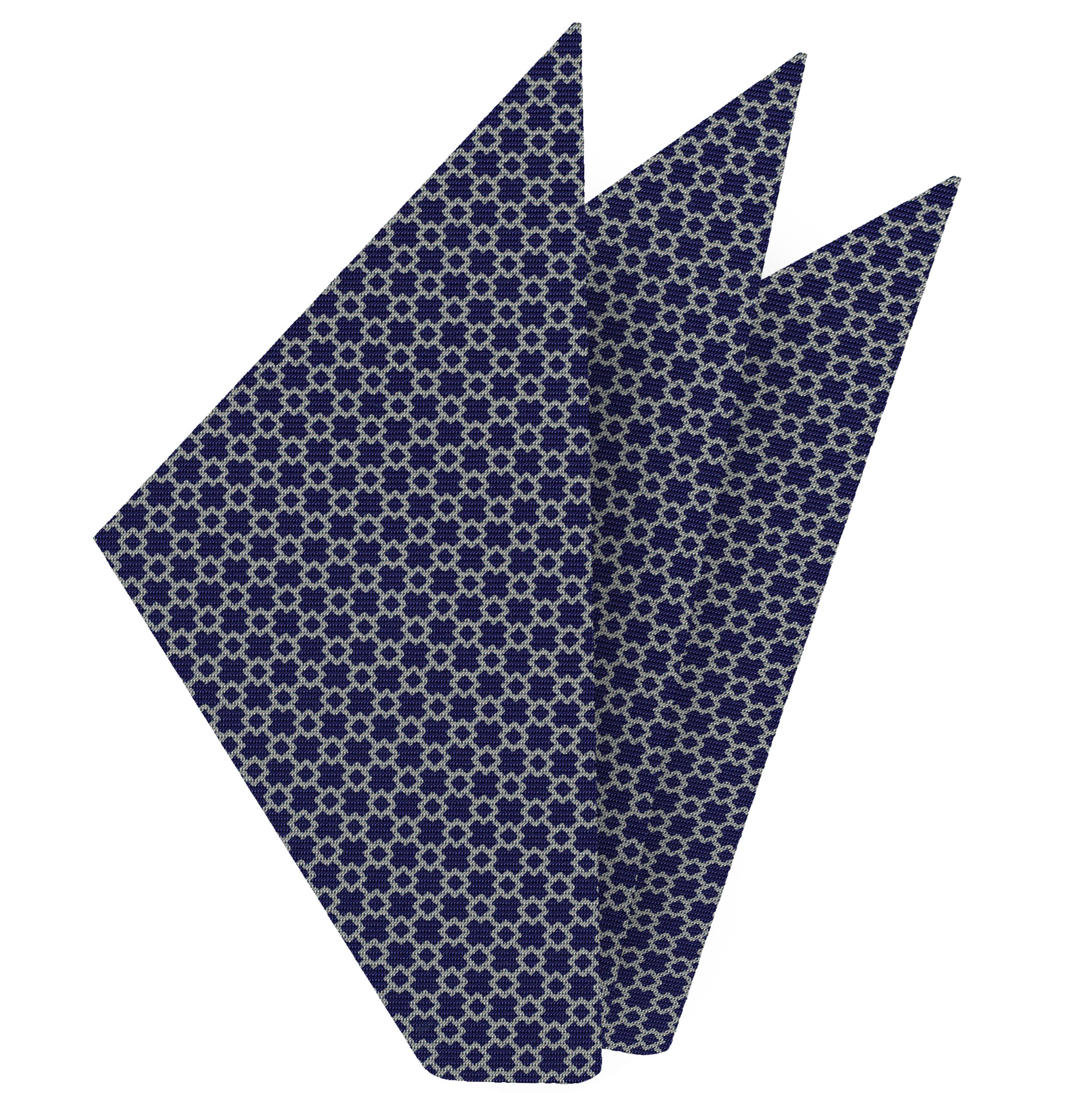 {[en]:White on Navy Blue Macclesfield Print Silk Pocket Square