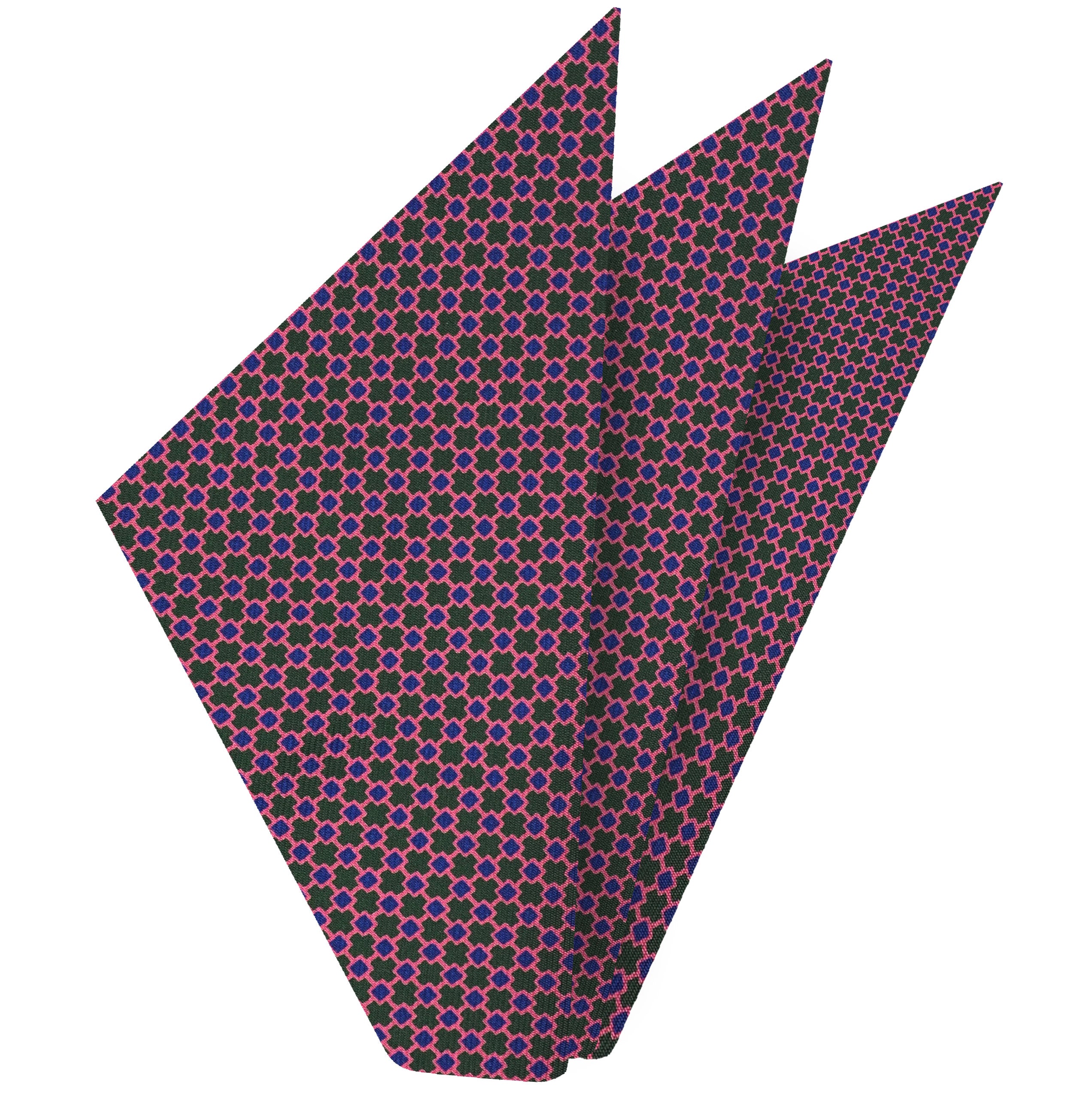 {[en]:Royal Blue & Pink on Forest Green Macclesfield Print Silk Pocket Square