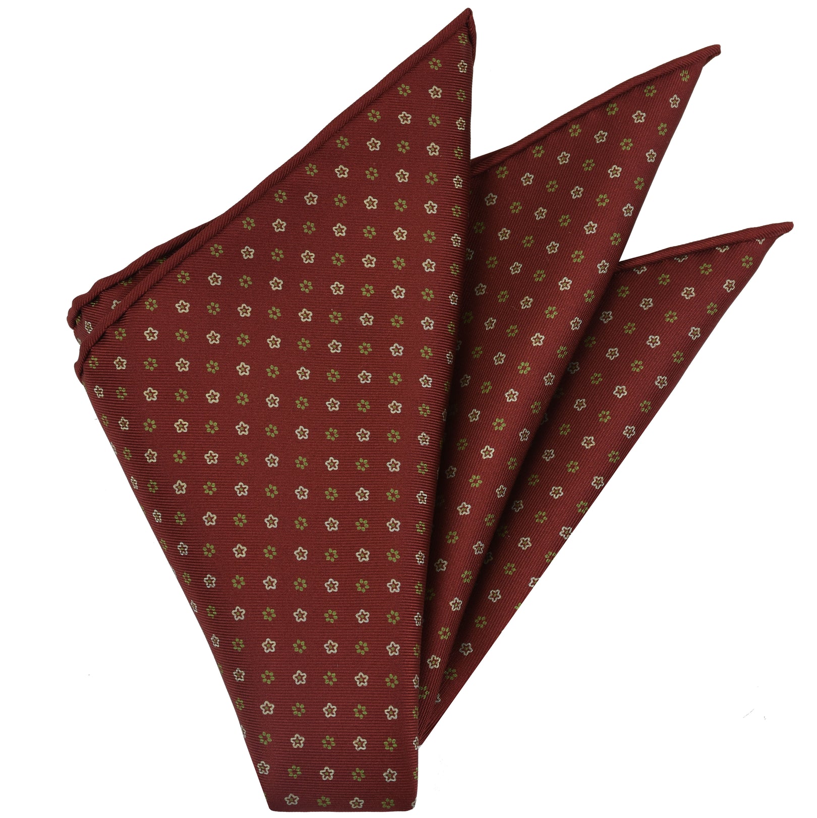 {[en]:Olive Green & White on Burgundy Macclesfield Print Silk Pocket Square