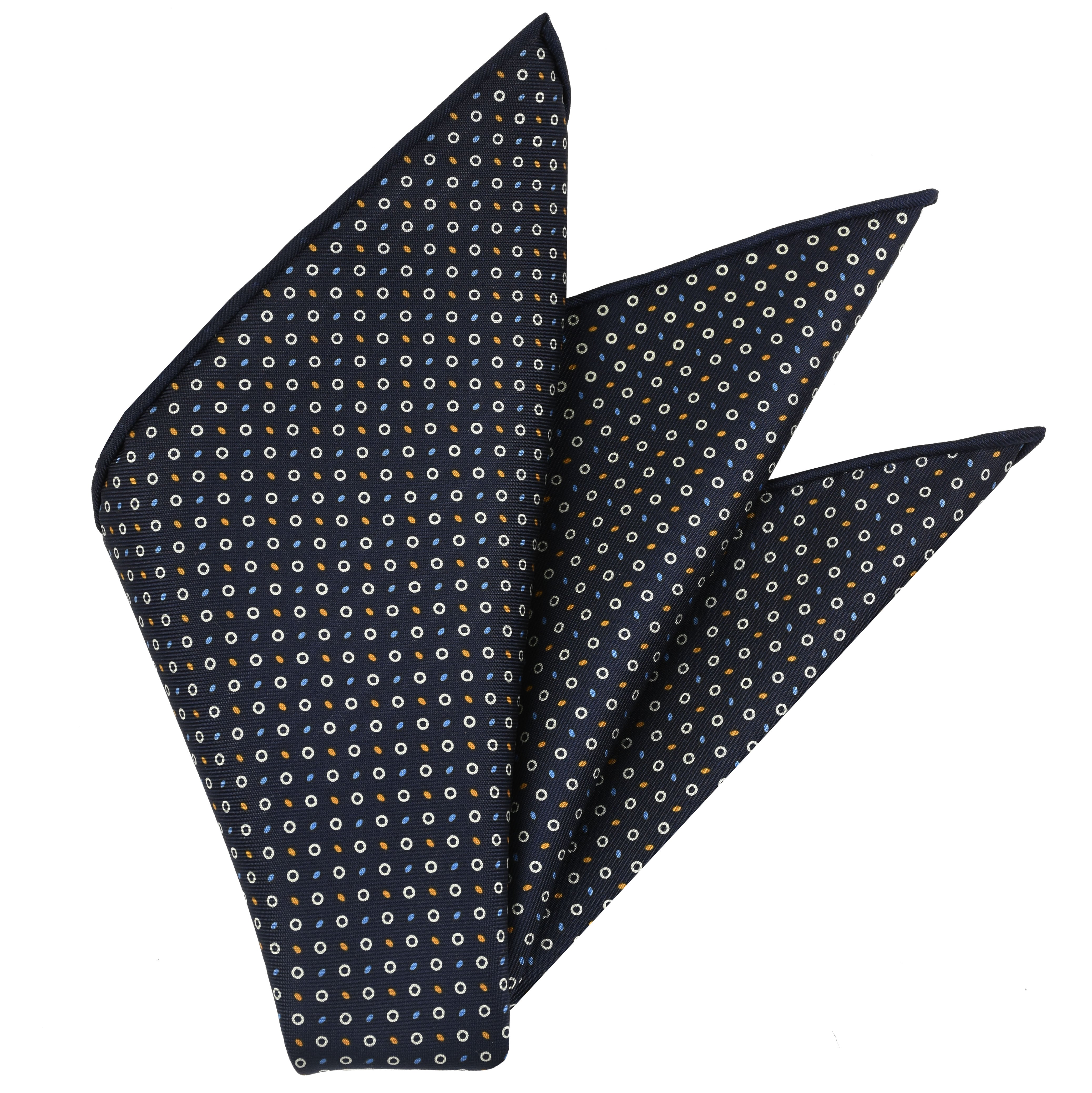 Sky Blue, Burnt Orange & White on Midnight Blue Macclesfield Print Silk Pocket Square #MCP-342