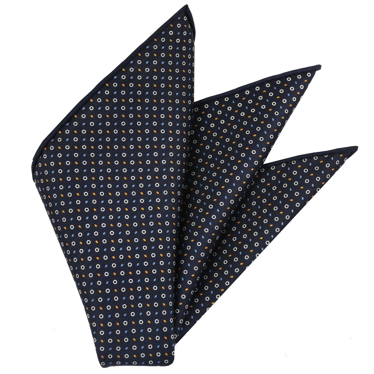 {[en]:Sky Blue, Burnt Orange & White on Midnight Blue Macclesfield Print Silk Pocket Square