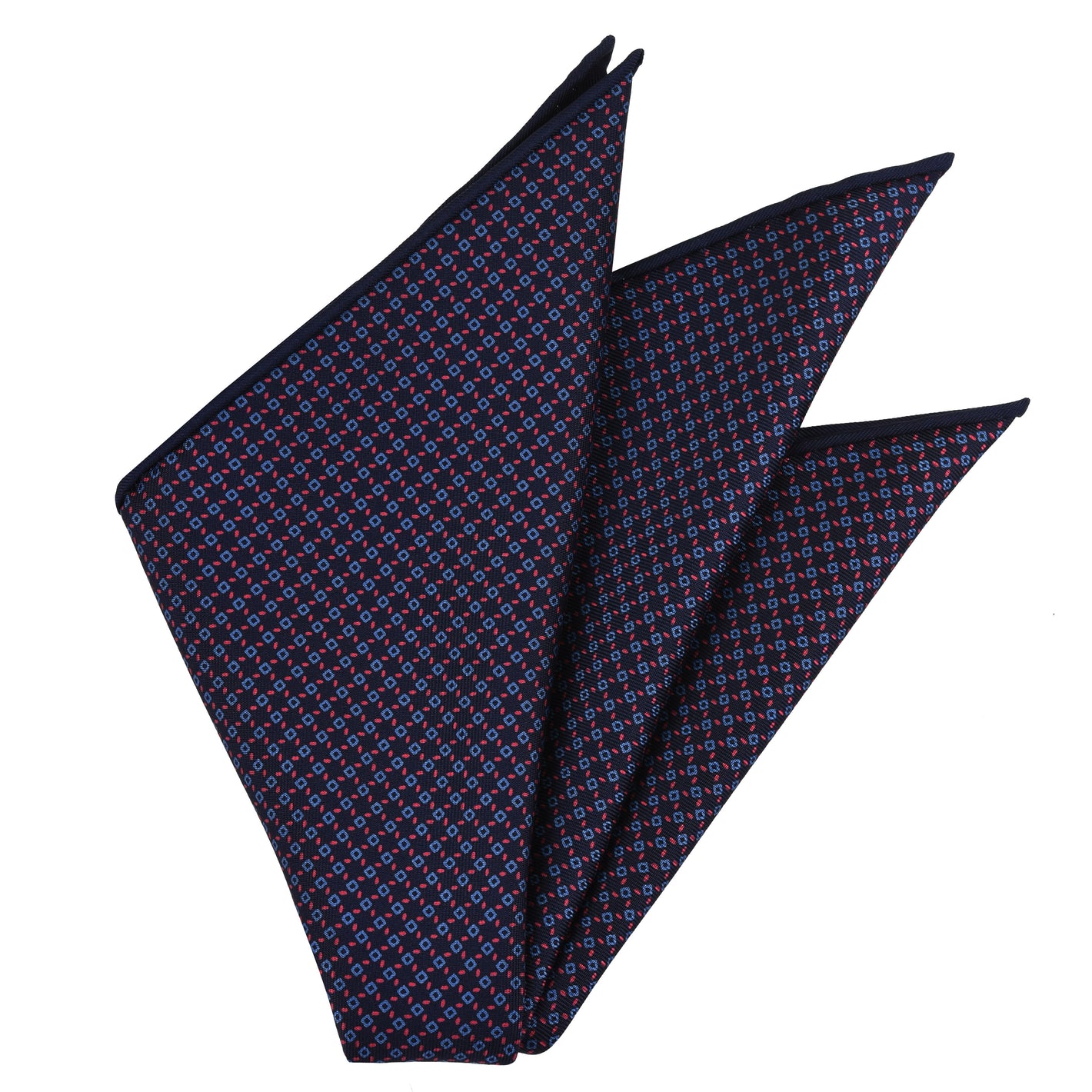 {[en]:Sky Blue & Red on Midnight Blue Macclesfield Print Silk Pocket Square