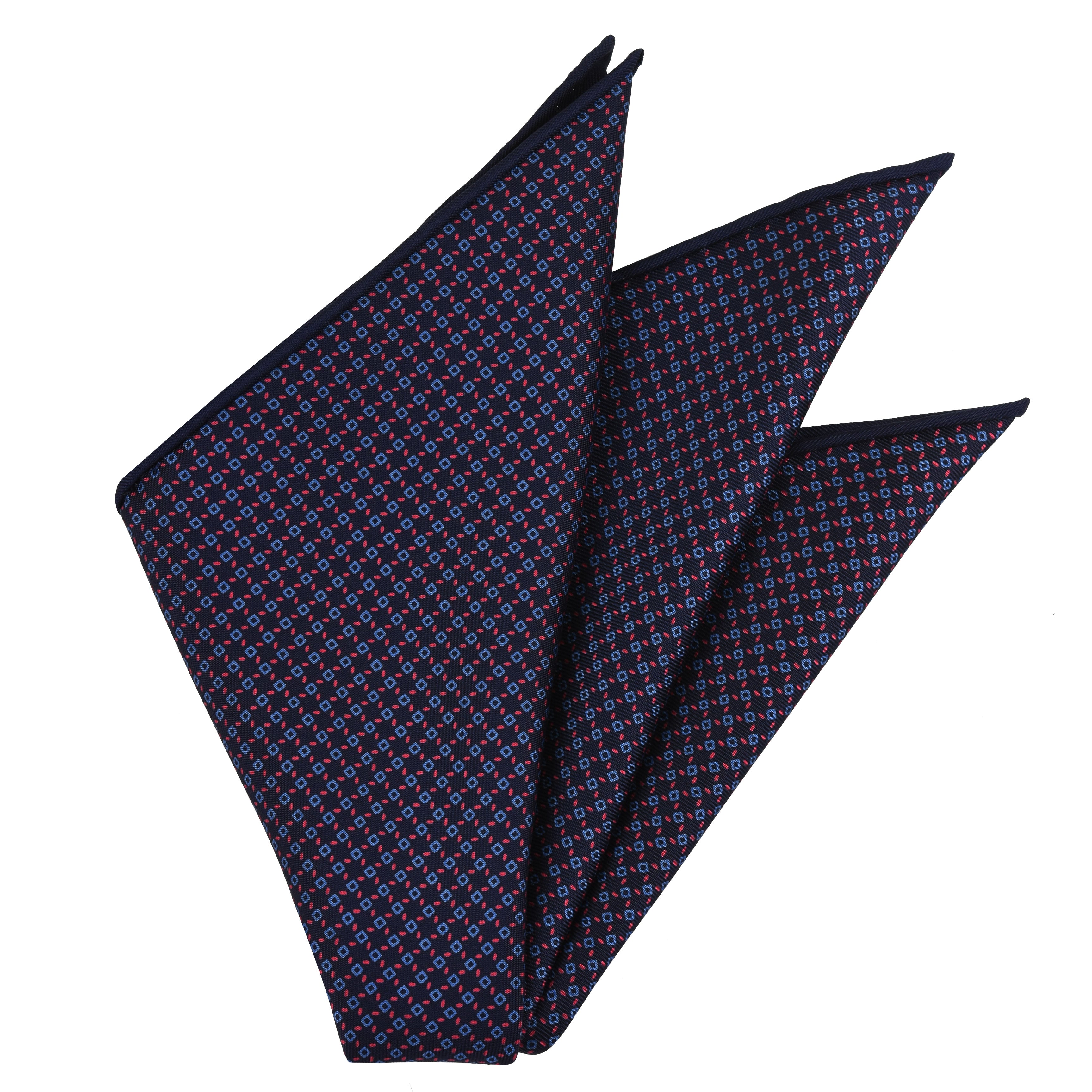 {[en]:Sky Blue & Red on Midnight Blue Macclesfield Print Silk Pocket Square