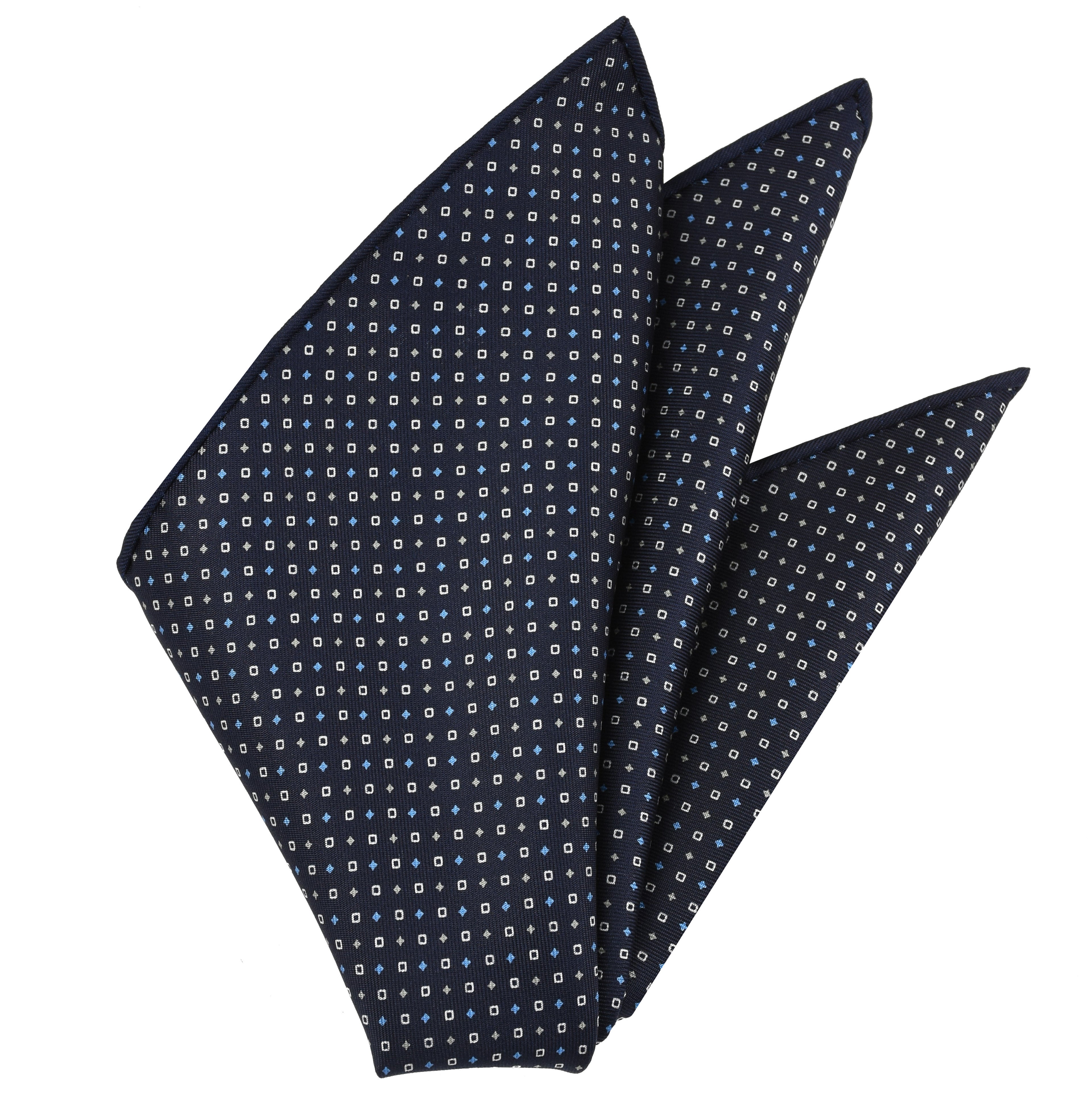 {[en]:Sky Blue & Off-White on Midnight Blue Macclesfield Print Pattern Silk Pocket Square