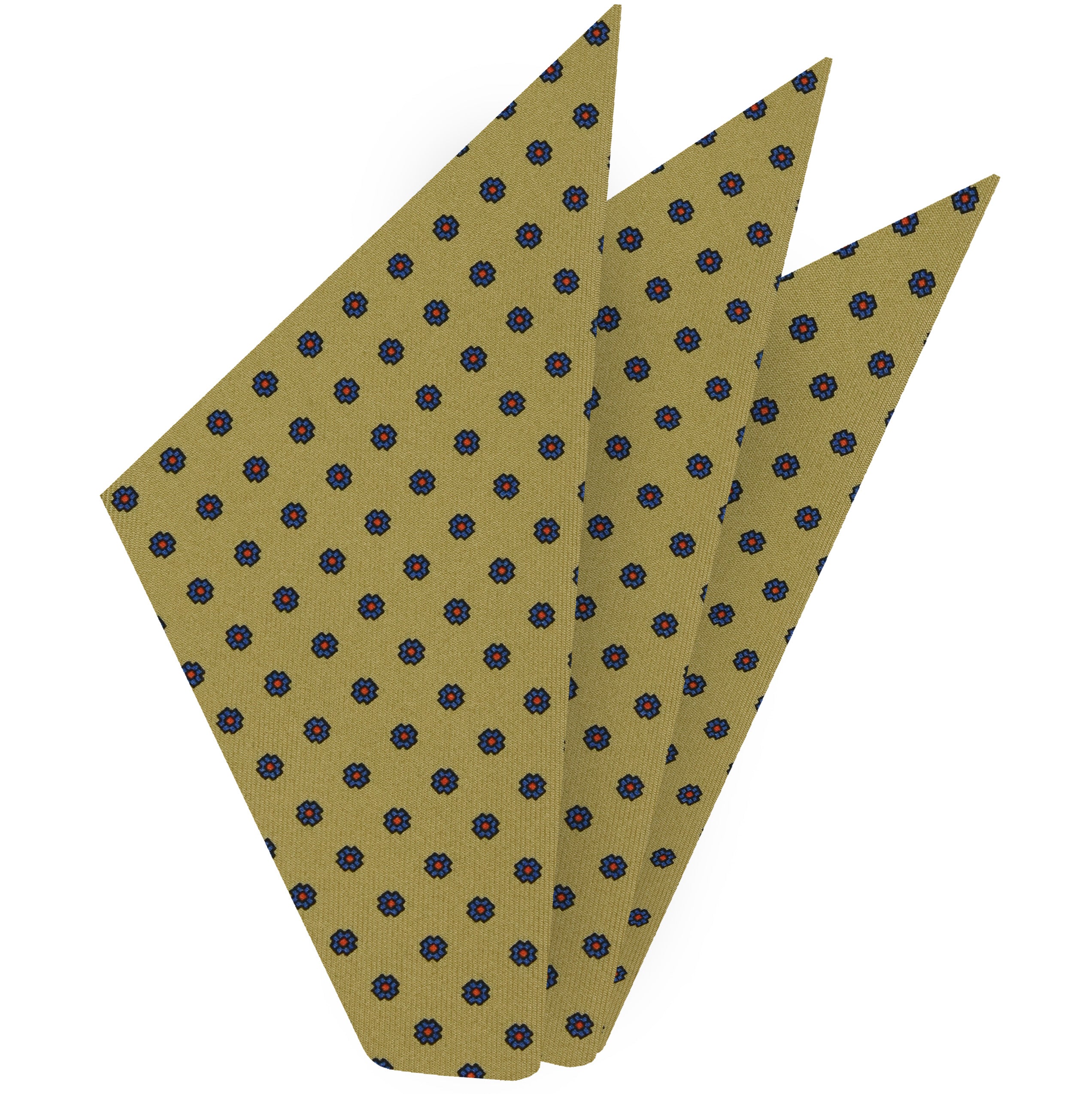 {[en]:Blue & Mandarin on Khaki Macclesfield Print Pattern Silk Pocket Square