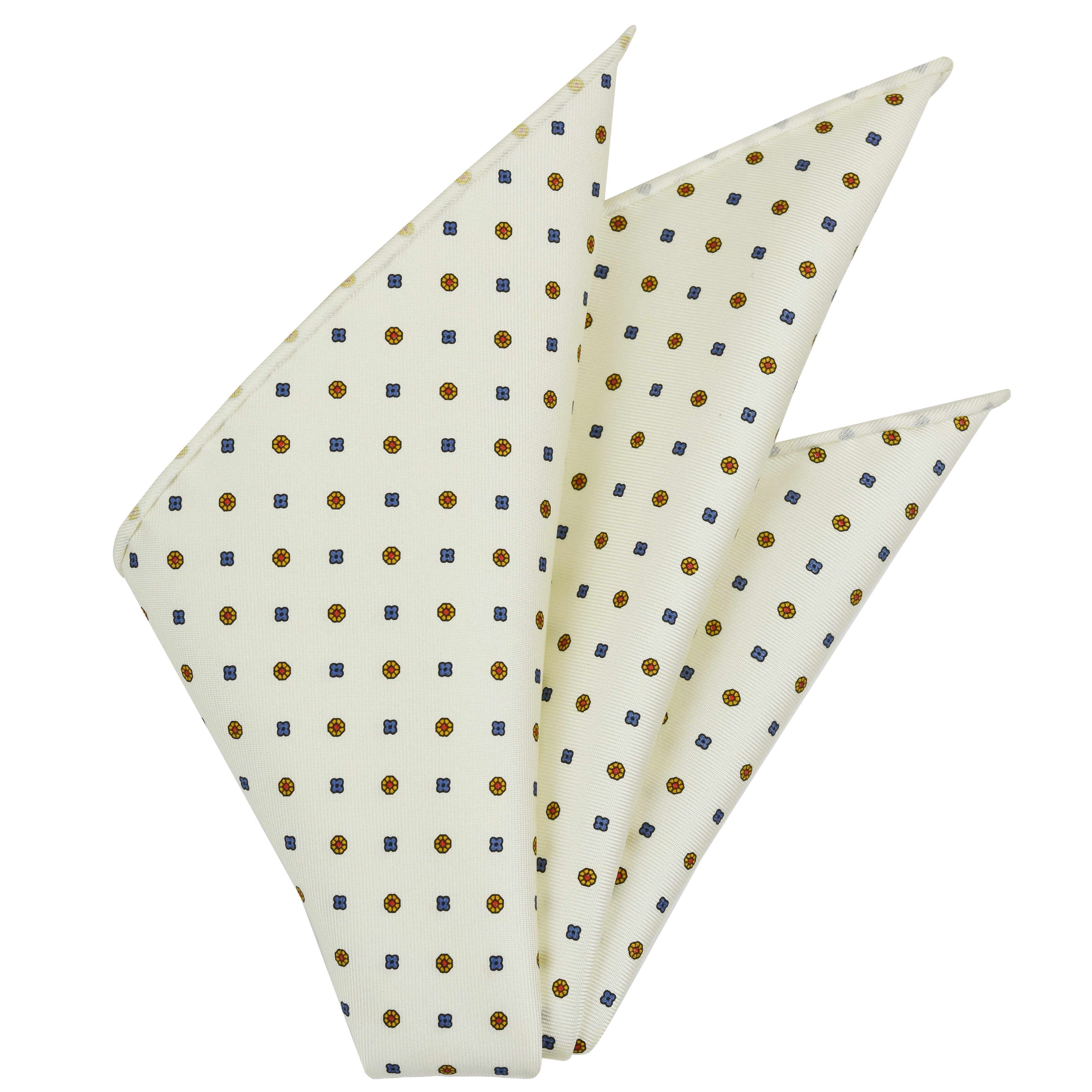 {[en]:Sky Blue, Yellow Gold & Orange on Ivory White Macclesfield Print Pattern Silk Pocket Square