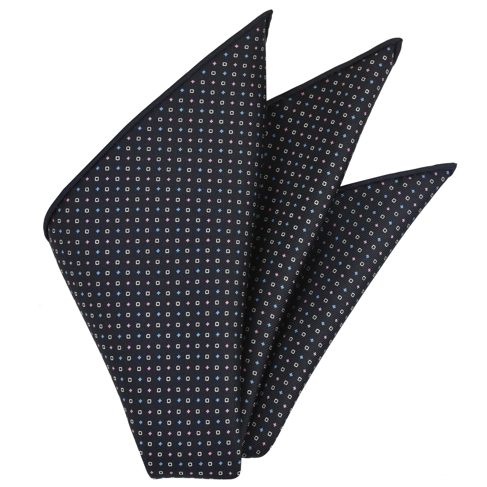 {[en]:Sky Blue, Pale Pink & White on Dark Navy Blue Macclesfield Print Pattern Silk Pocket Square