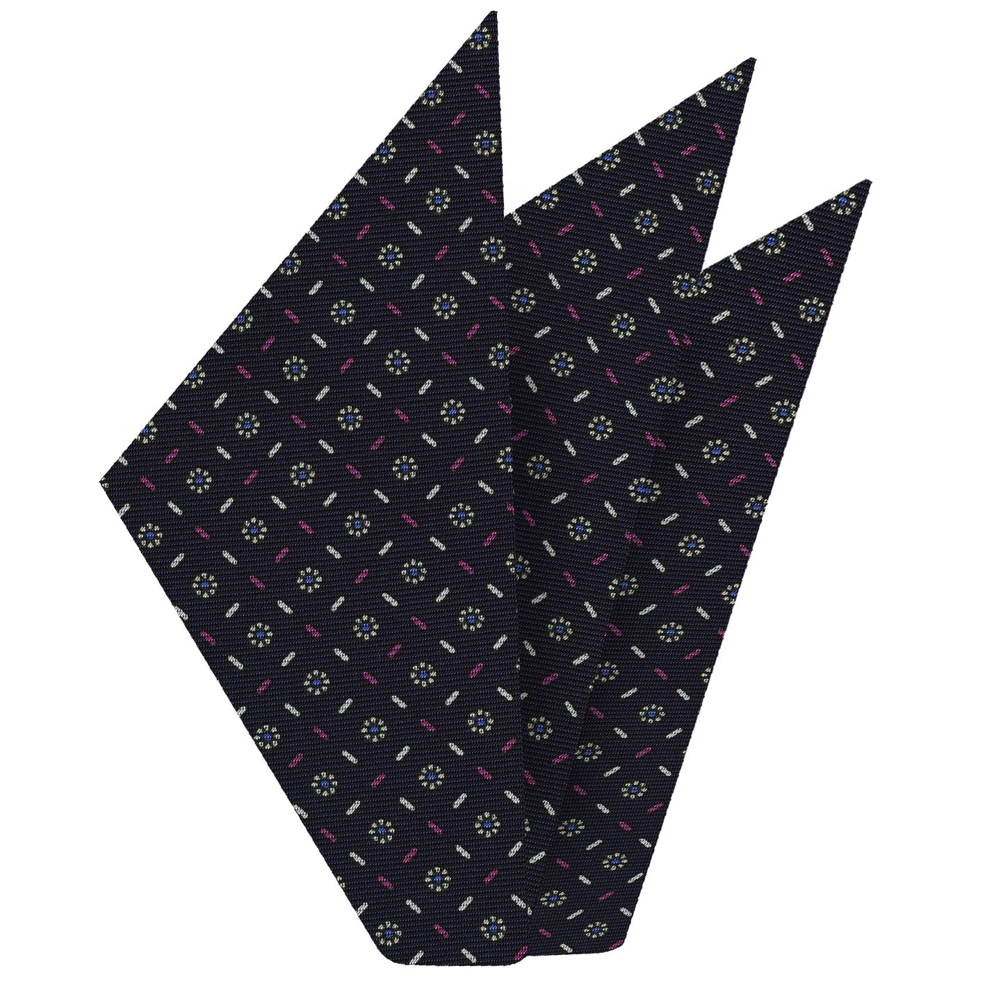 {[en]:Sky Blue, Off-White, Corn Yellow, Fuchsia on Midnight Blue Macclesfield Print Pattern Silk Pocket Square