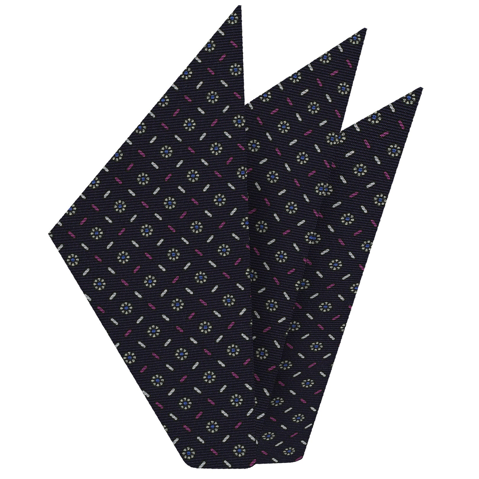 {[en]:Sky Blue, Off-White, Corn Yellow, Fuchsia on Midnight Blue Macclesfield Print Pattern Silk Pocket Square