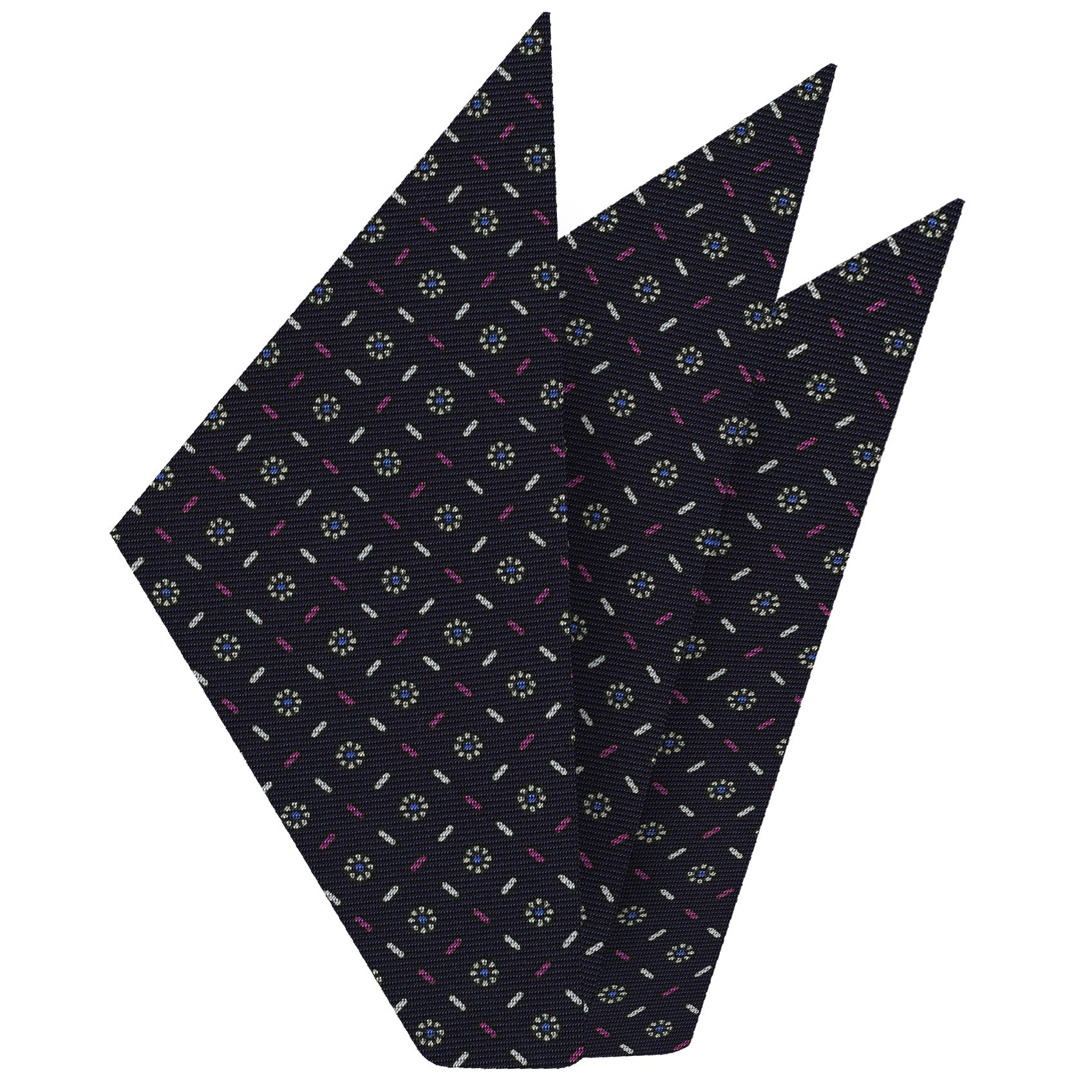 {[en]:Sky Blue, Off-White, Corn Yellow, Fuchsia on Midnight Blue Macclesfield Print Pattern Silk Pocket Square