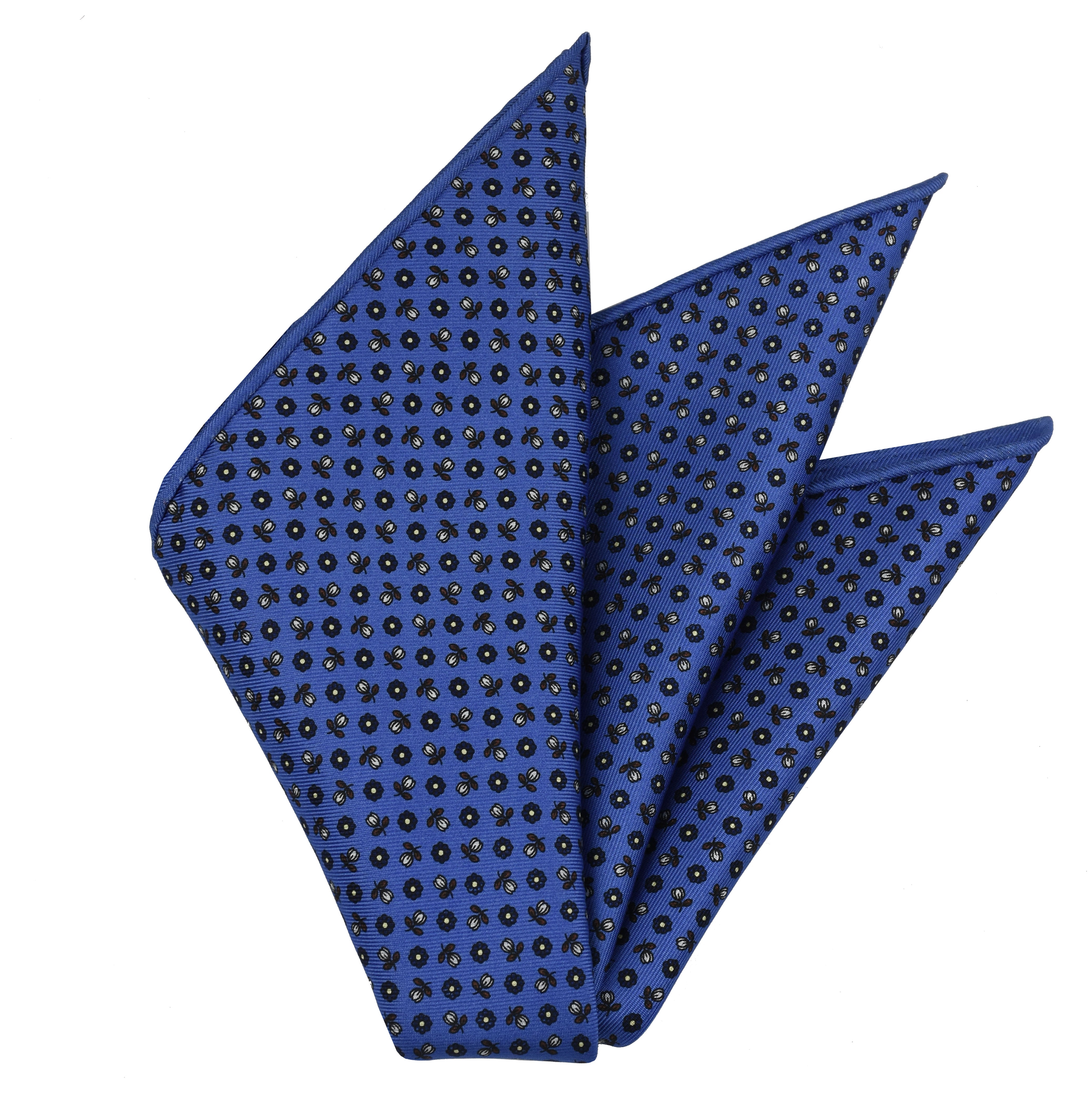 {[en]:Navy Blue, Burnt Orange & Off-White on Sky Blue Macclesfield Print Pattern Silk Pocket Square