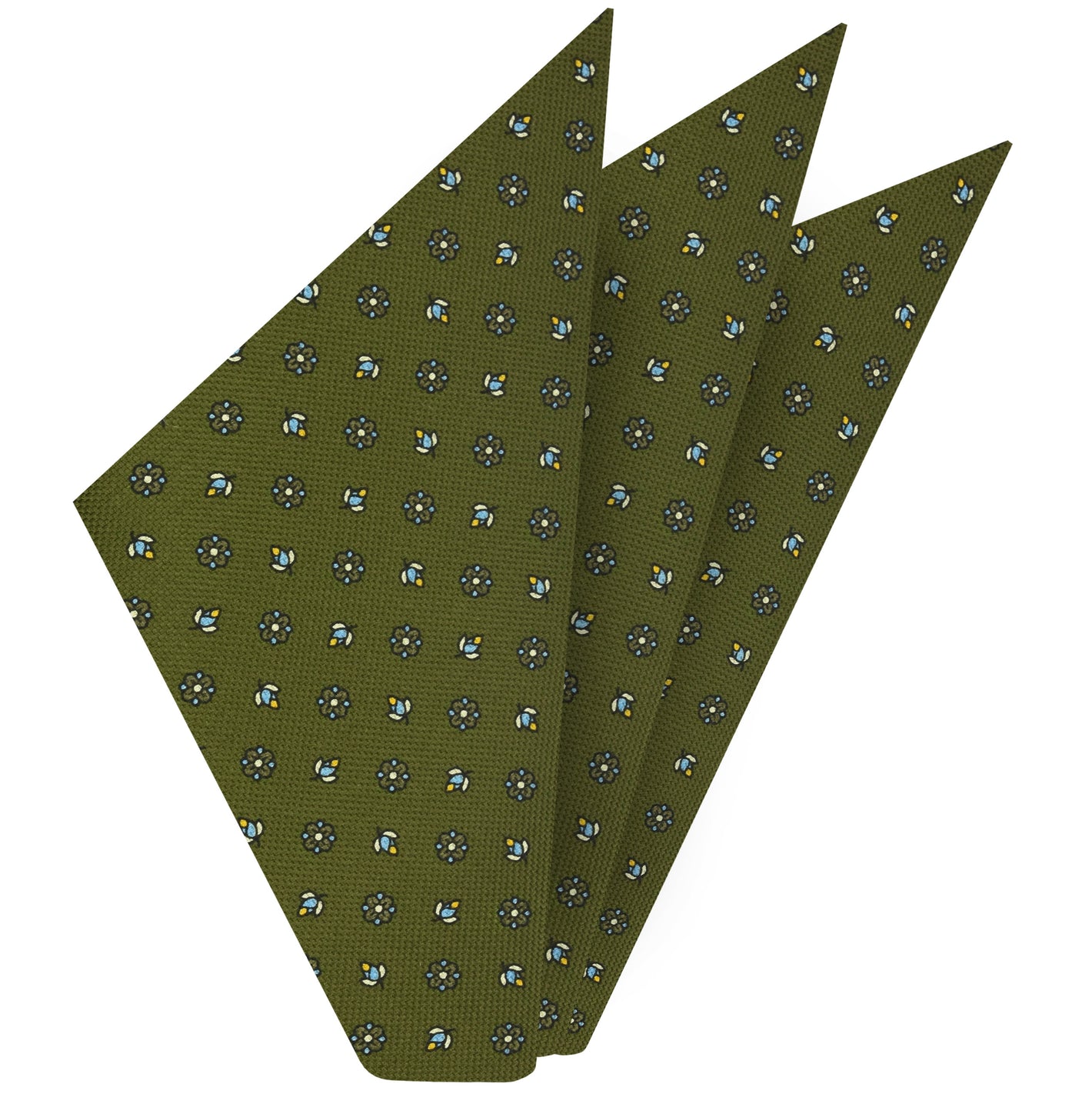 {[en]:Sky Blue, Yellow Gold & Off-White on Olive Green Macclesfield Print Pattern Silk Pocket Square