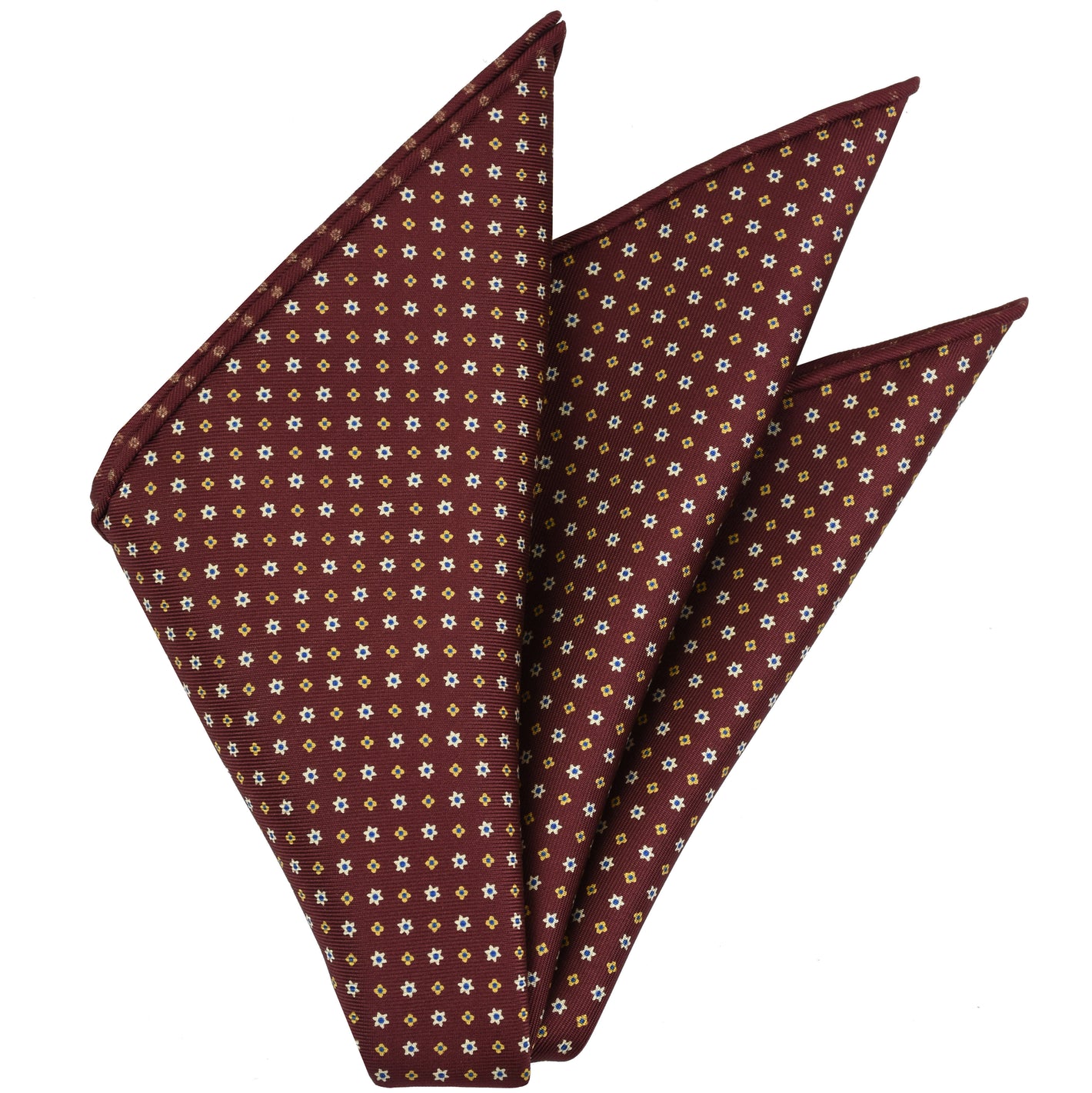 {[en]:Blue, Off-White & Yellow on Burgundy Macclesfield Print Pattern Silk Pocket Square