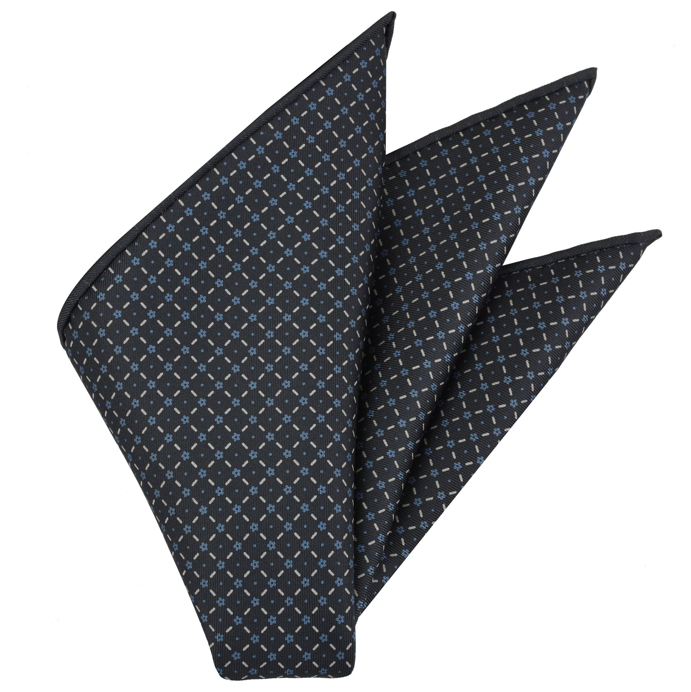 {[en]:Sky Blue & Off-White on Dark Charcoal Gray Macclesfield Print Silk Pocket Square