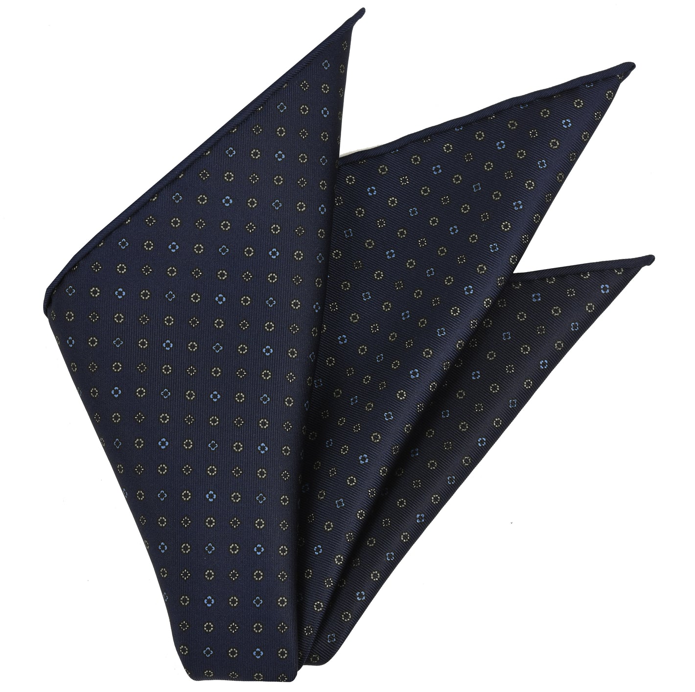 {[en]:Sky Blue & Off-White on Midnight Blue Macclesfield Print Silk Pocket Square