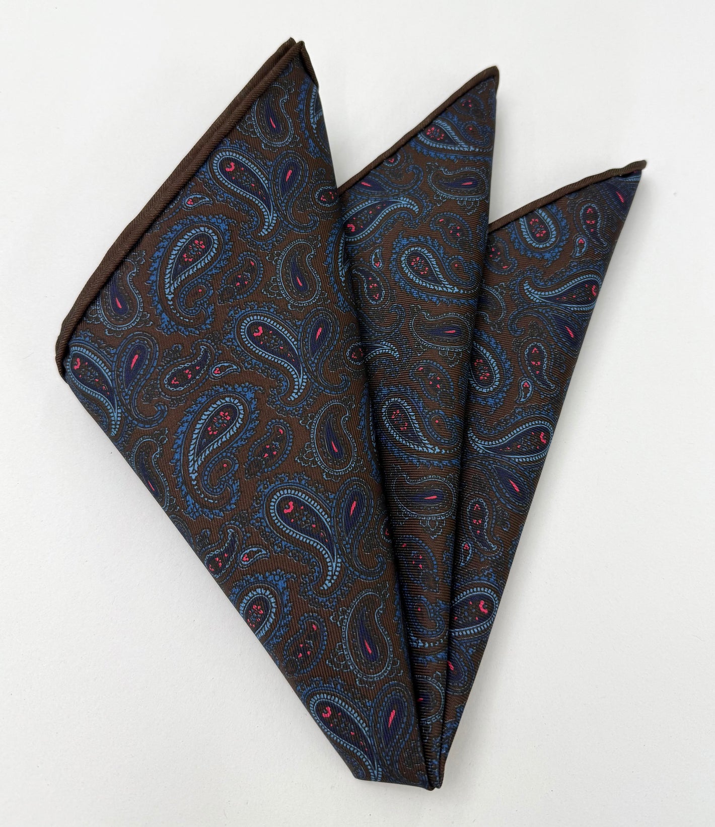 Navy Blue, Fuchsia, Powder Blue, Sky Blue on Dark Chocolate Macclesfield Print Silk Pocket Square #MCP-398
