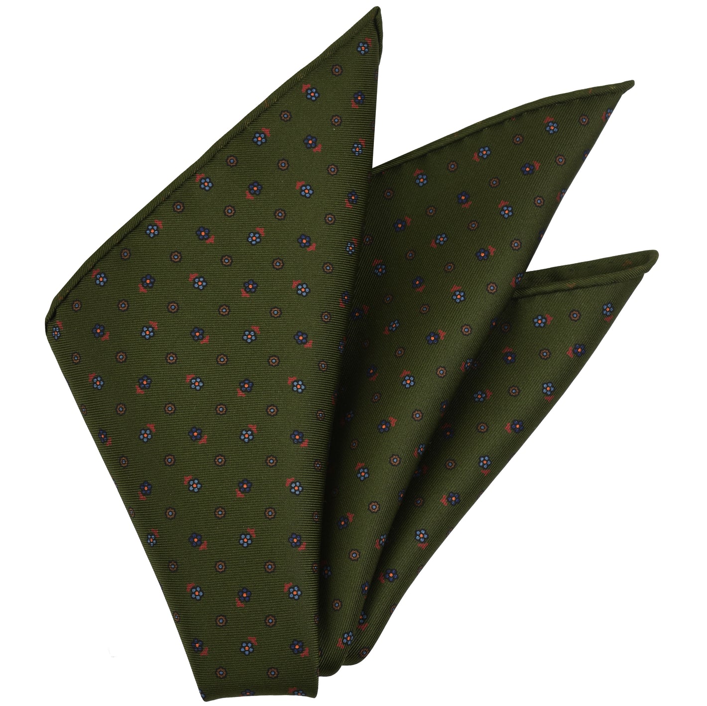 {[en]:Blue, Sky Blue & Red on Olive Green Macclesfield Print Silk Pocket Square
