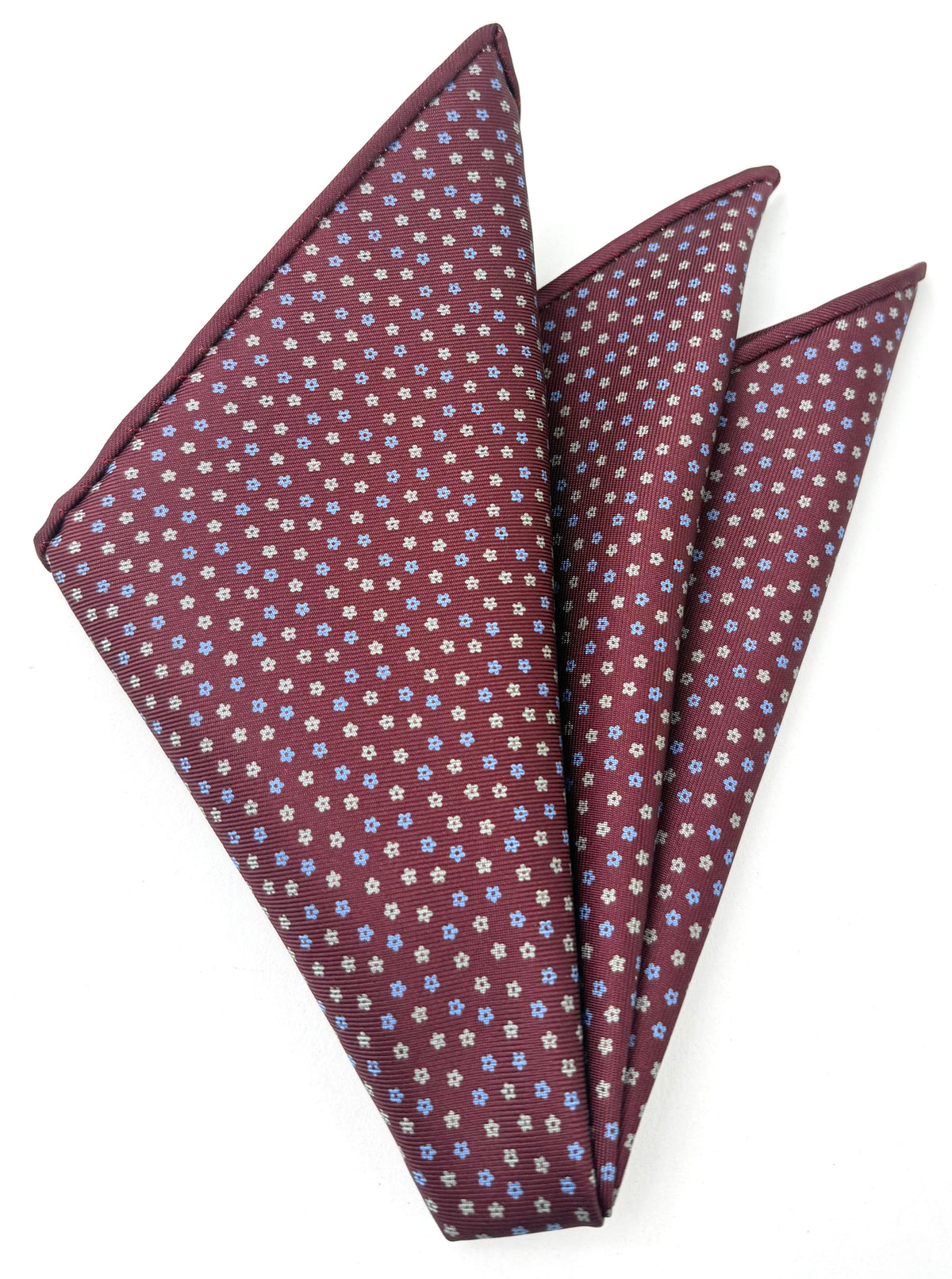 Sky Blue & Cream on Burgundy Macclesfield Print Silk Pocket Square MCP-428