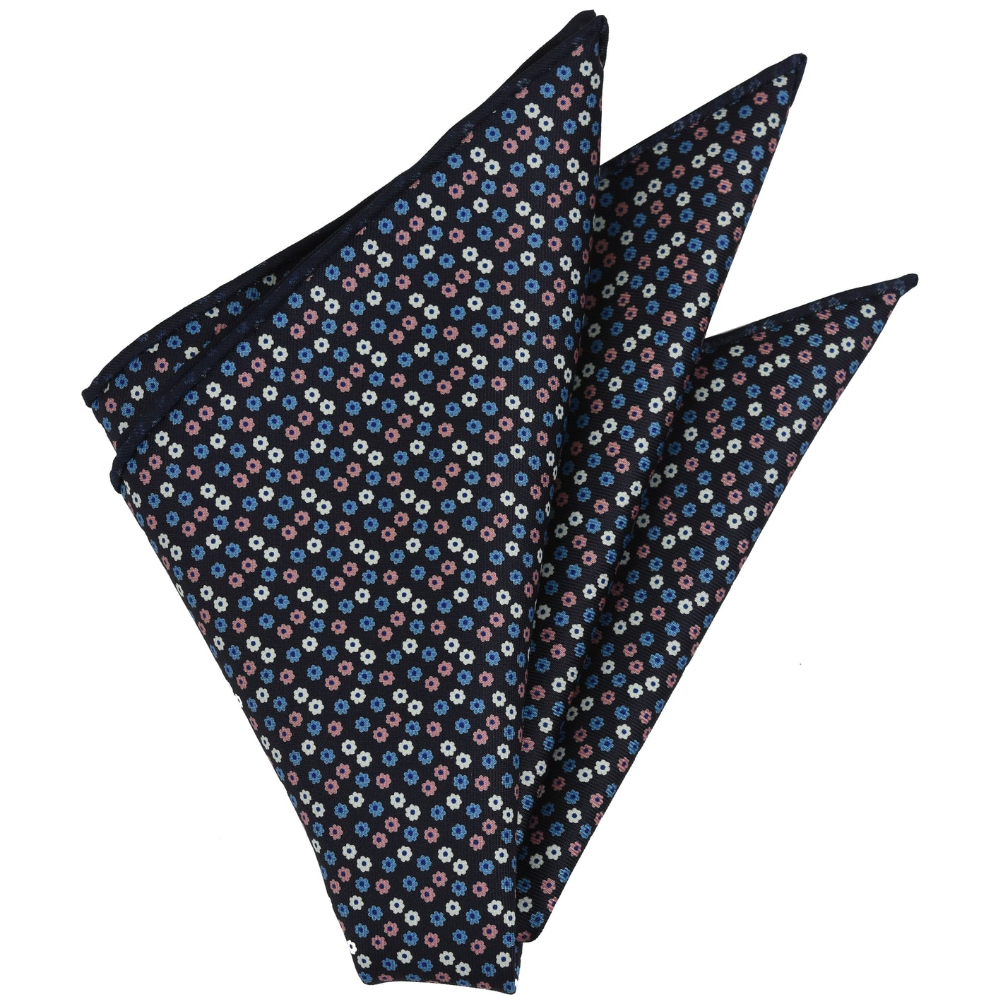 {[en]:Sky Blue, Blue, Pink & White on Midnight Blue Macclesfield Print Silk Pocket Square