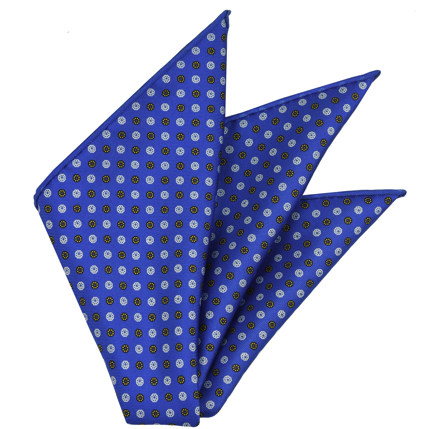 White, Black & Yellow on Royal Blue Macclesfield Print Pattern Silk