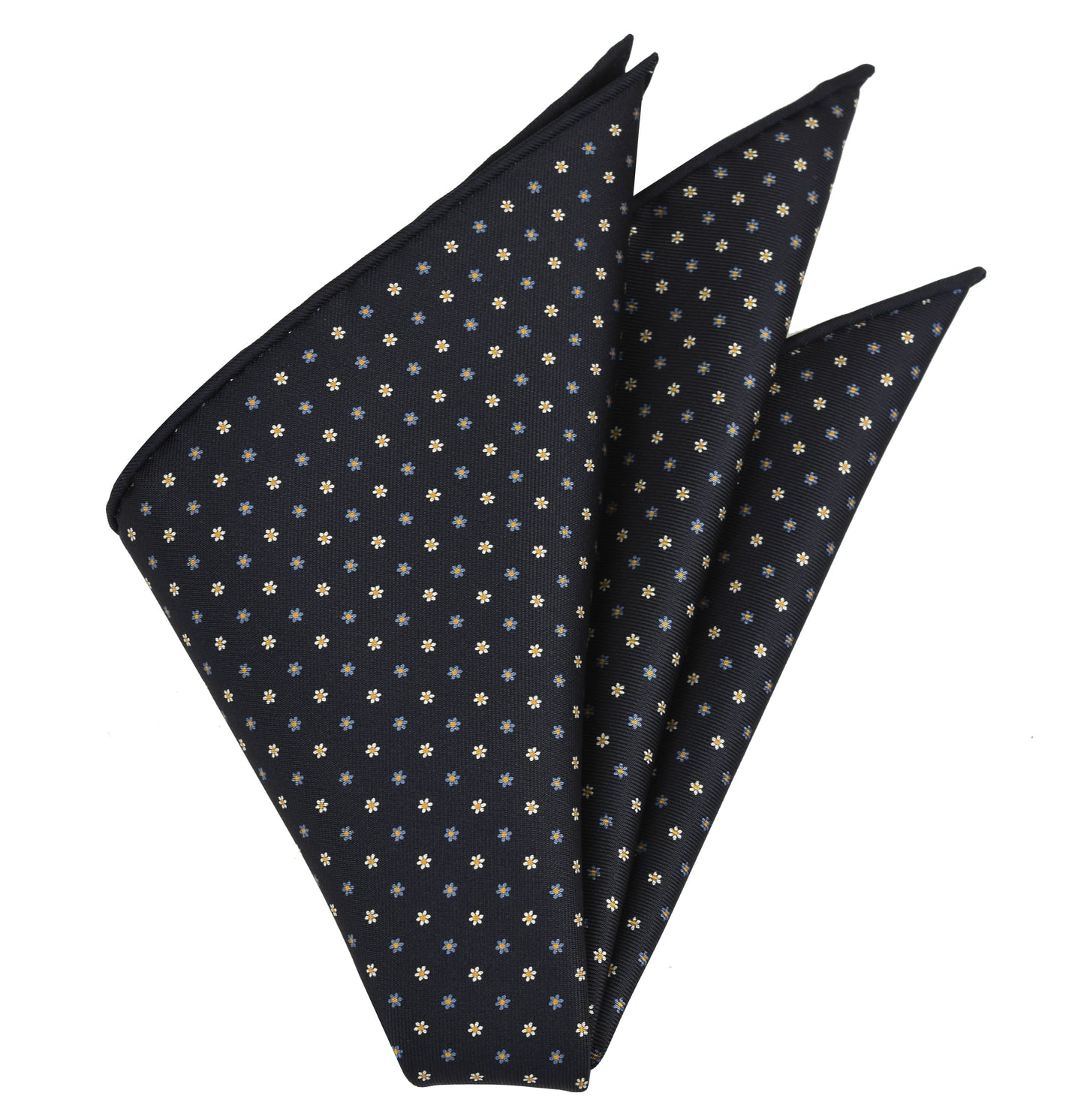 White, Sky Blue & Yellow Gold on Midnight Blue Macclesfield Print Pattern Silk