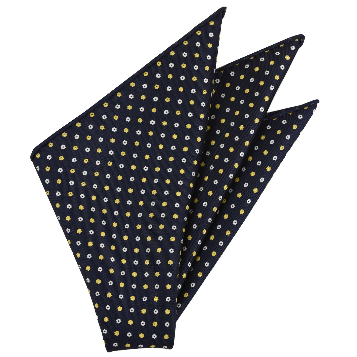 {[en]:White & Yellow Gold on Midnight Blue Macclesfield Print Pattern Silk Pocket Square