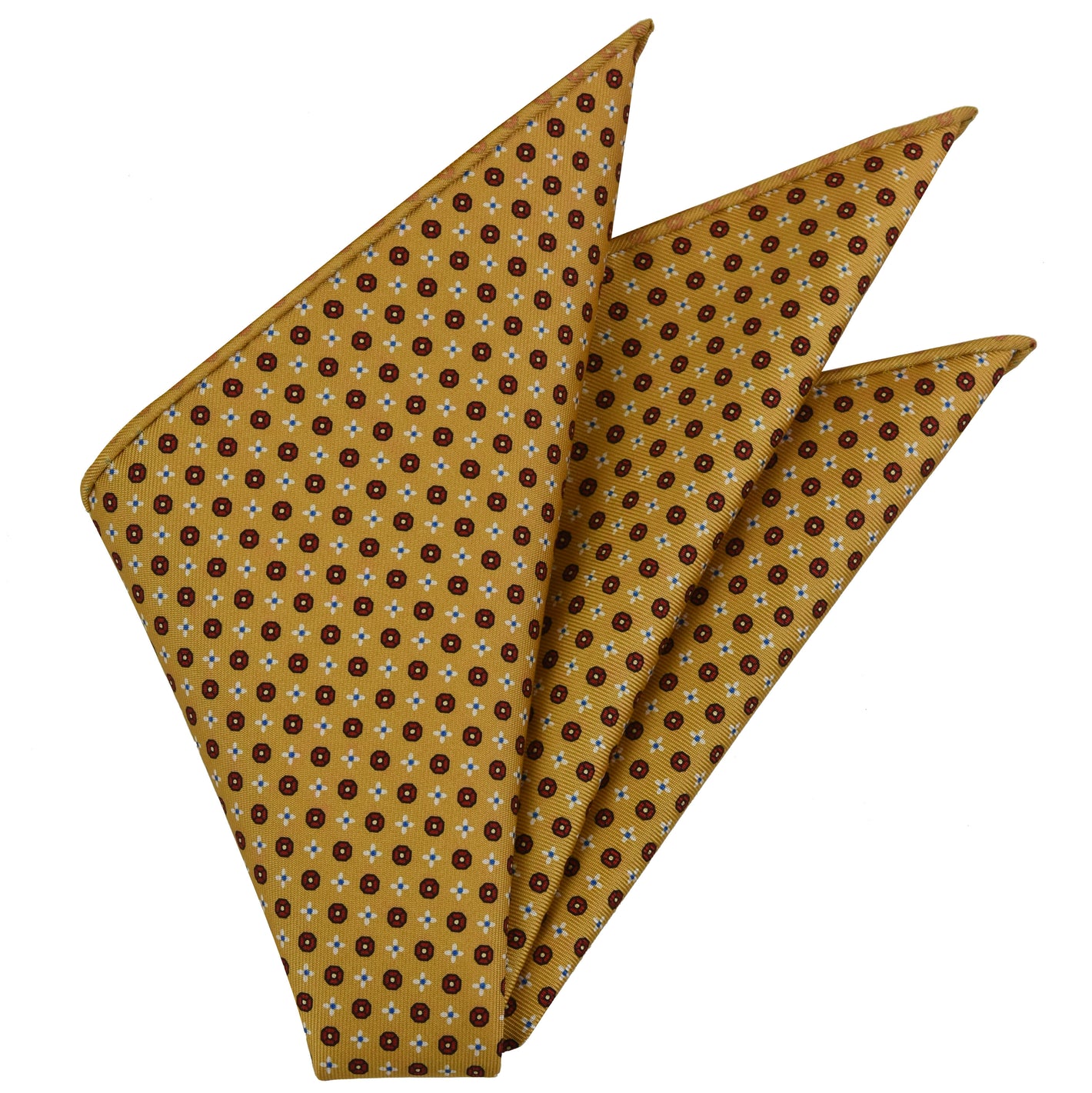 {[en]:Red, White & Ocean Blue on Light Gold Macclesfield Print Pattern Silk Pocket Square