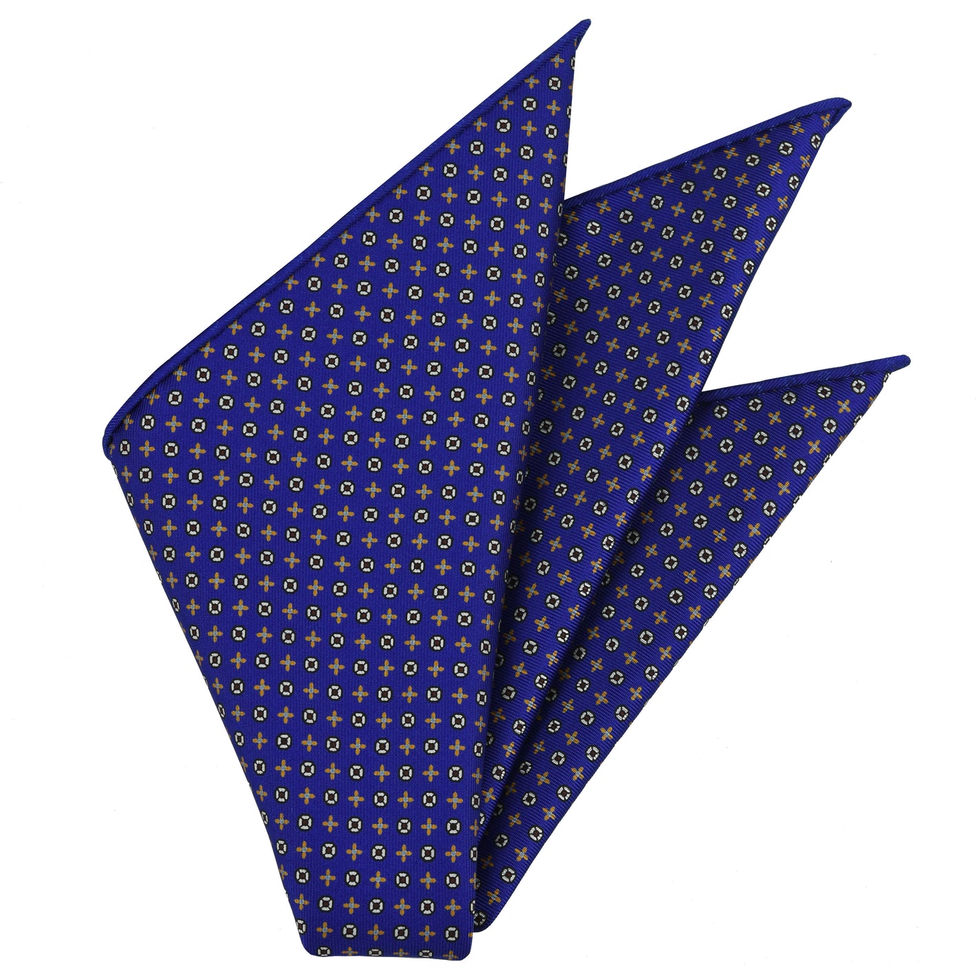 {[en]:Yellow Gold, Sky Blue, Burgundy & Silver on Royal Blue Macclesfield Print Pattern Silk Pocket Square
