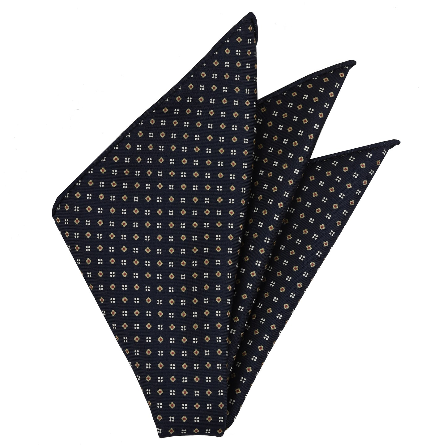 {[en]:Red, Light Gold & Off-White on Midnight Blue Macclesfield Print Pattern Silk Pocket Square
