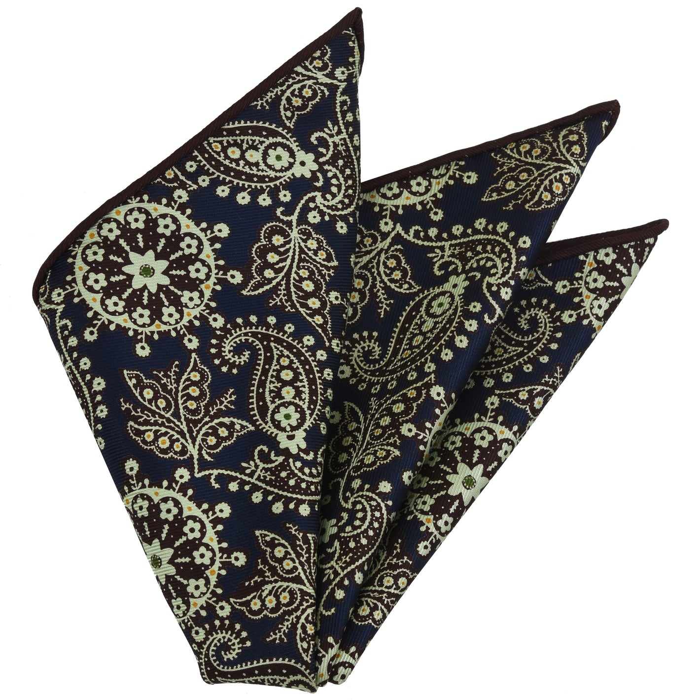 {[en]:Dark Burgundy, Yellow Gold & Light Green on Dark Navy Macclesfield Print Pattern Silk Pocket Square