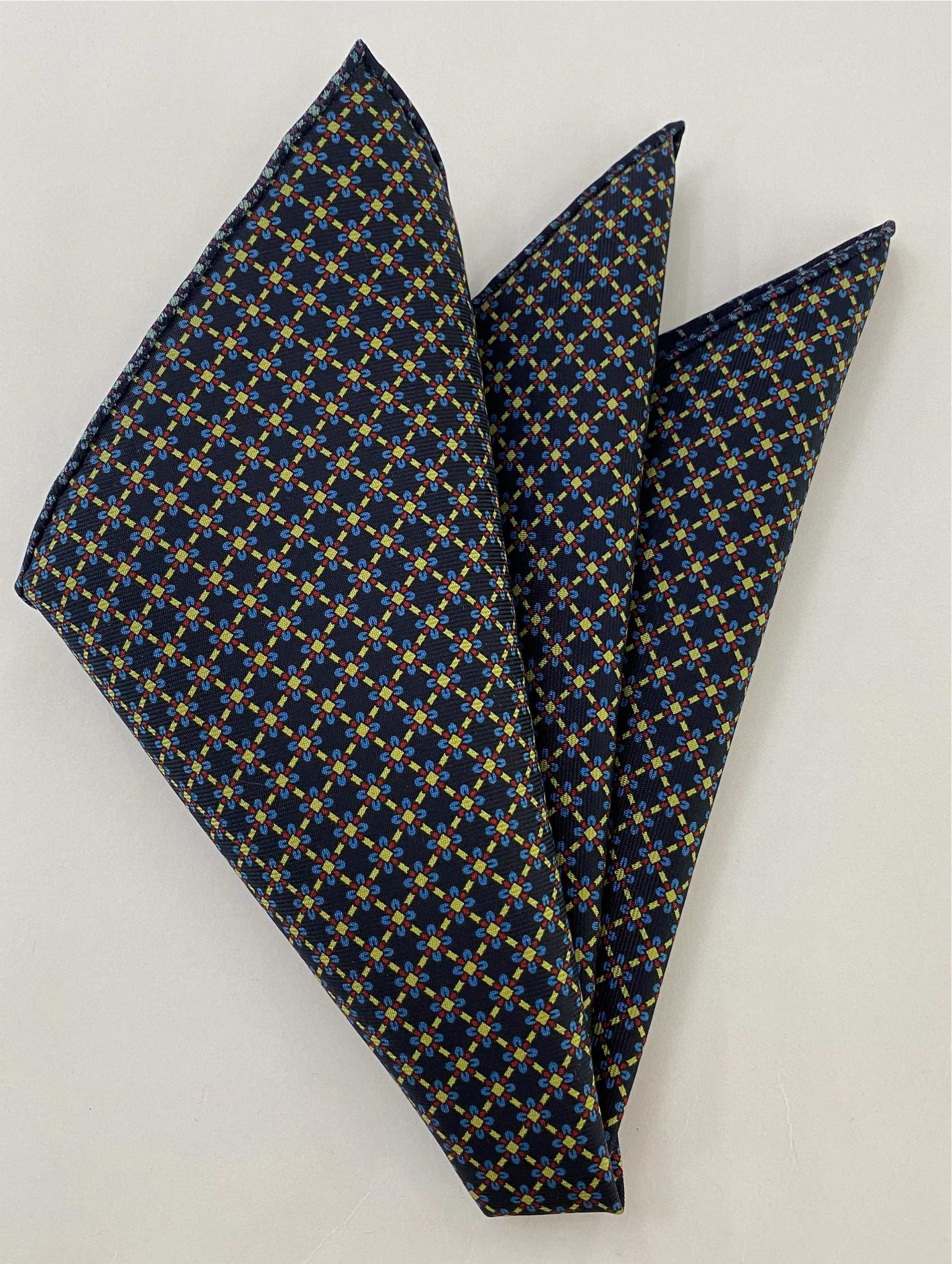 Red, Light Yellow & Sky Blue on Midnight Blue Macclesfield Print Pattern Silk Pocket Square MCP-60