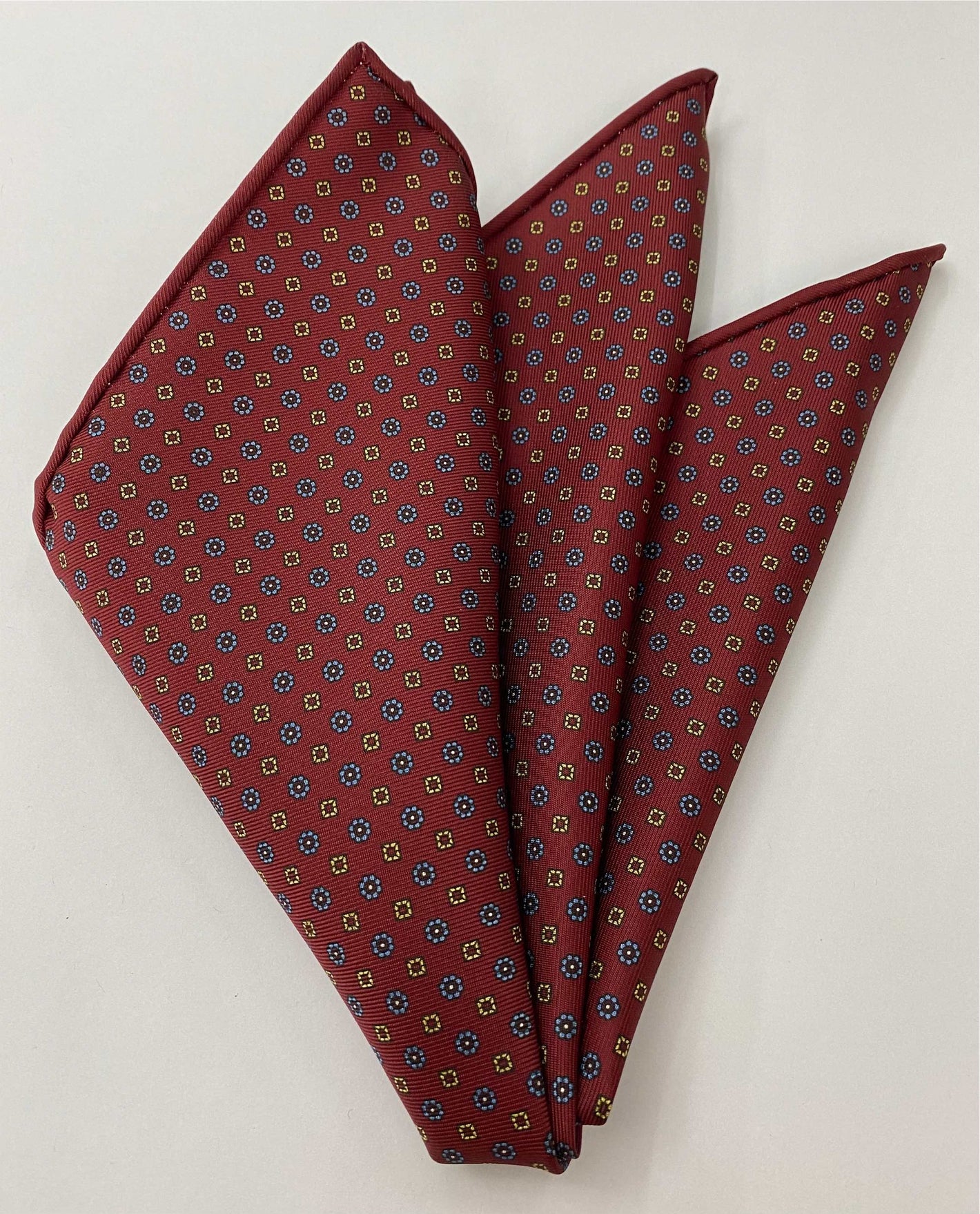 Dark Blue, Yellow, Forest Green & Burnt Orange on Dark Chocolate Print Pattern Silk Pocket Square MCP-622