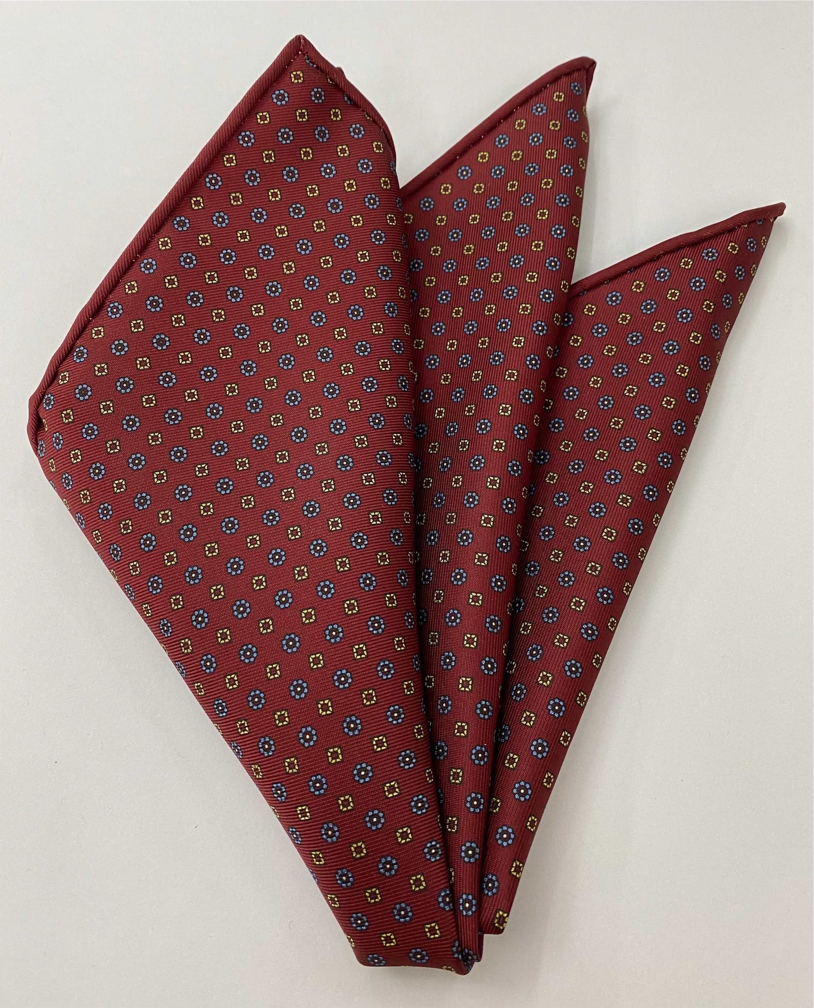 Dark Blue, Yellow, Forest Green & Burnt Orange on Dark Chocolate Print Pattern Silk Pocket Square MCP-622