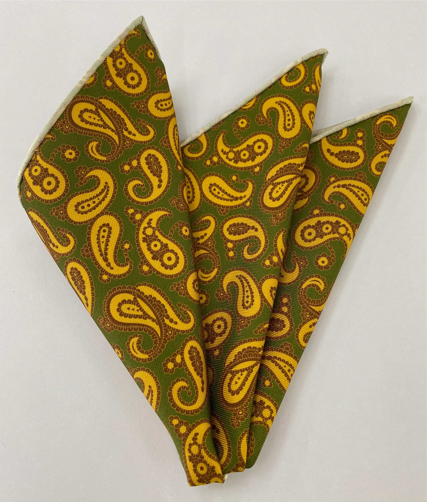 Yellow, Brown on Olive Green Pattern Silk Pocket Square MCP-649