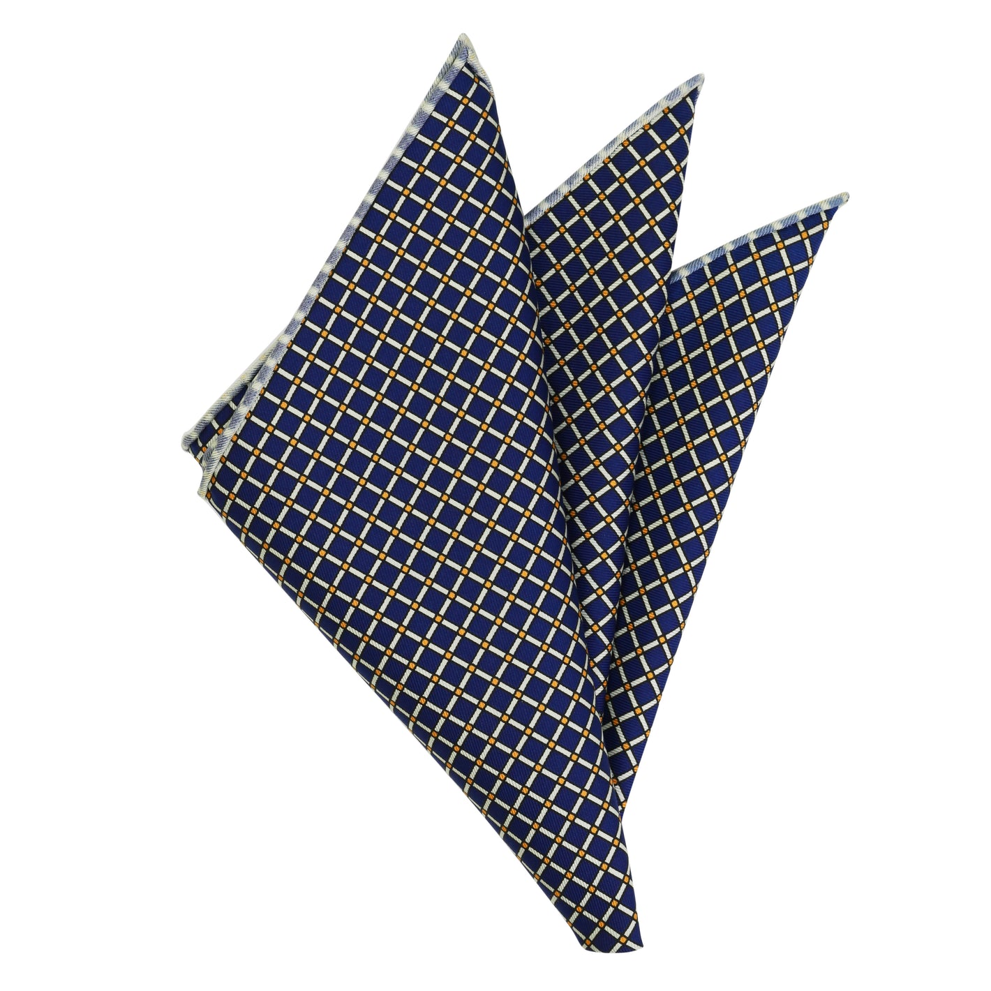 {[en]:Gold, Black & Off White on Navy Blue Print Pattern Silk Pocket Square