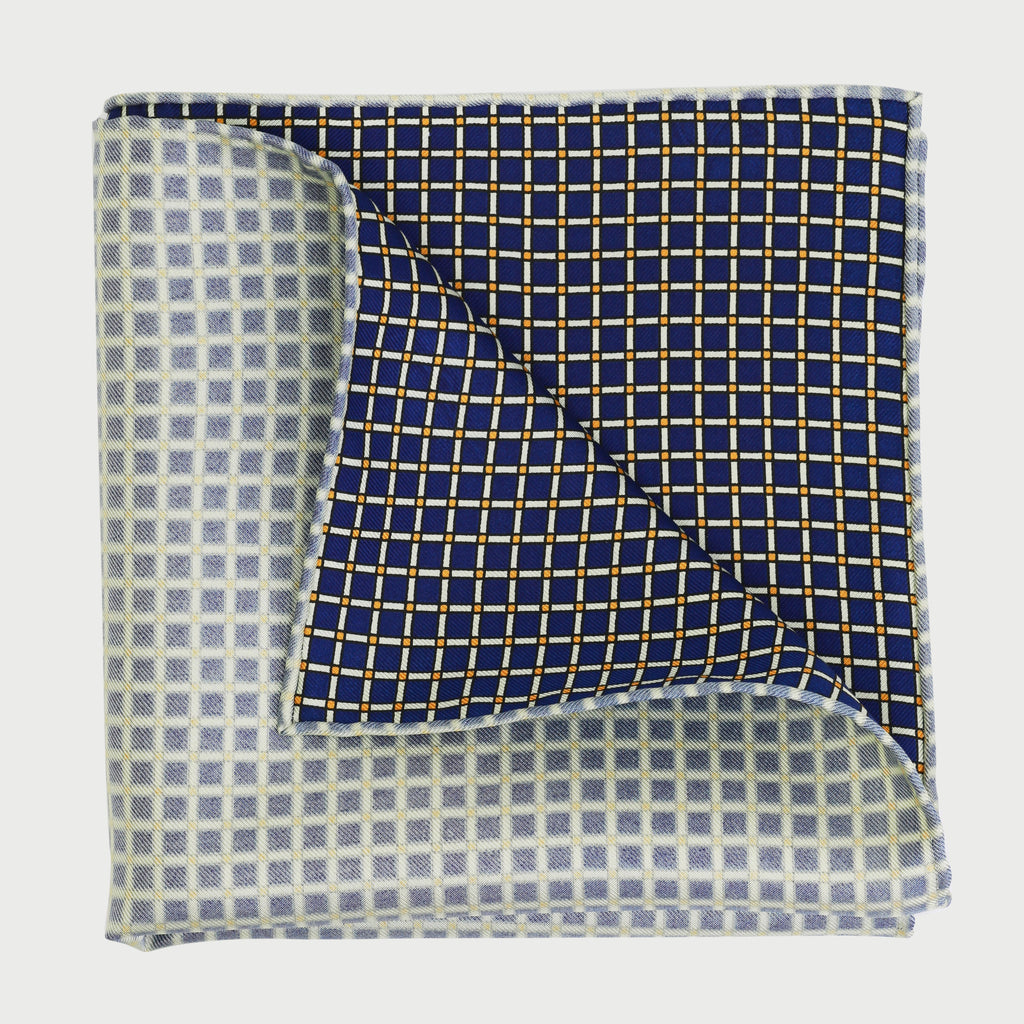 {[en]:Gold, Black & Off White on Navy Blue Print Pattern Silk Pocket Square