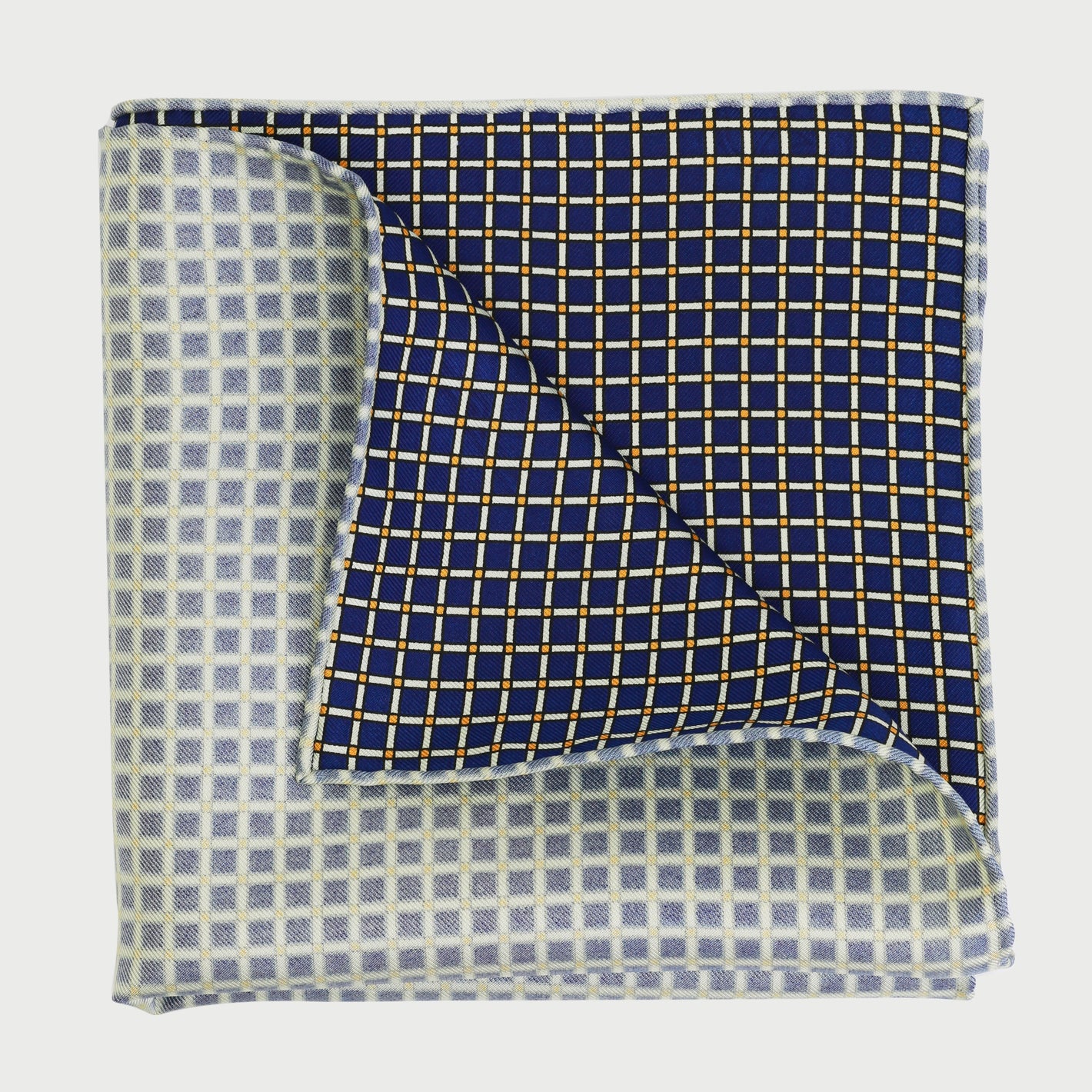 {[en]:Gold, Black & Off White on Navy Blue Print Pattern Silk Pocket Square