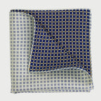 {[en]:Gold, Black & Off White on Navy Blue Print Pattern Silk Pocket Square