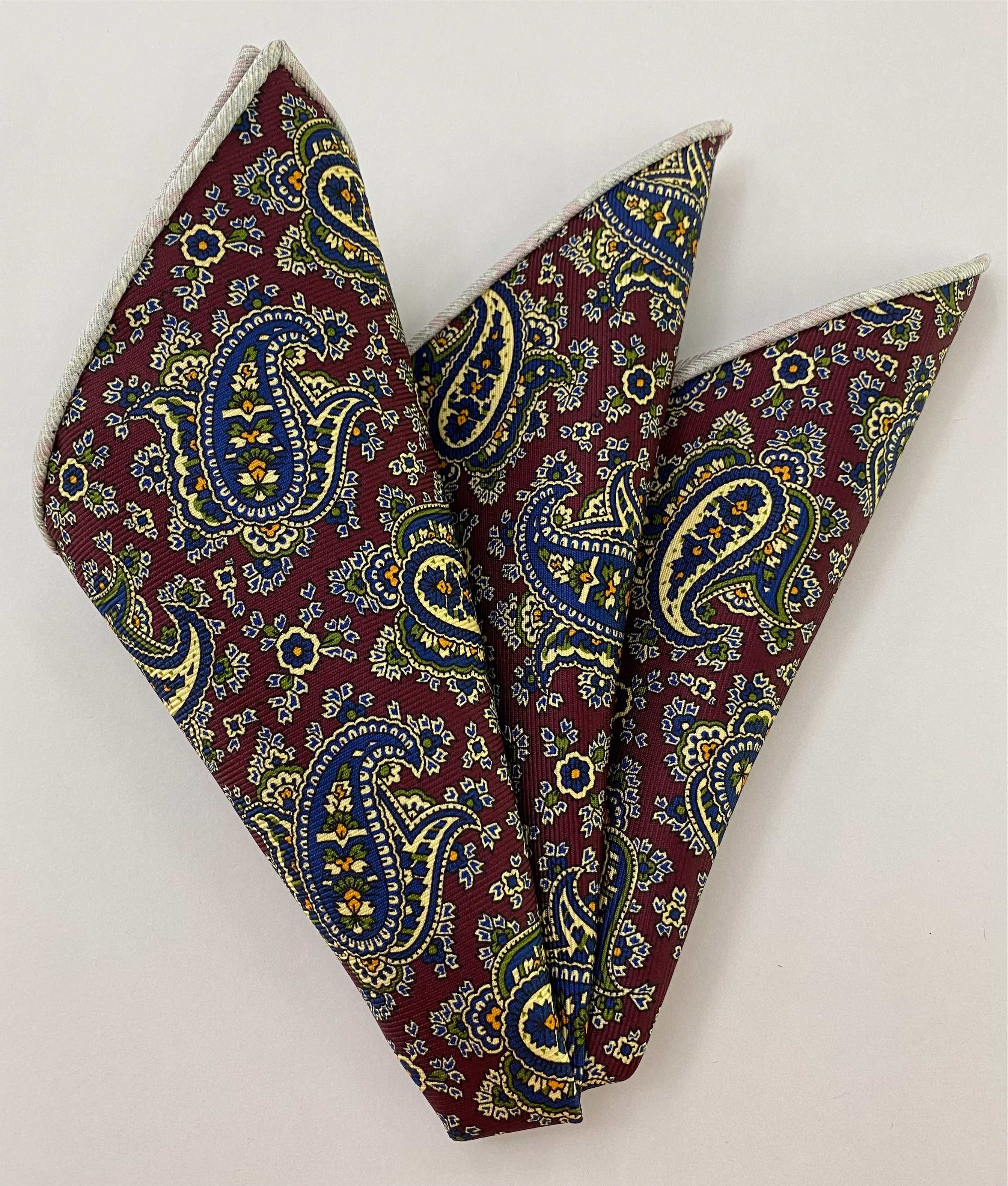 奶油藍與巧克力色Macclesfield現代茜草印花絲綢口袋方巾MMPP-4