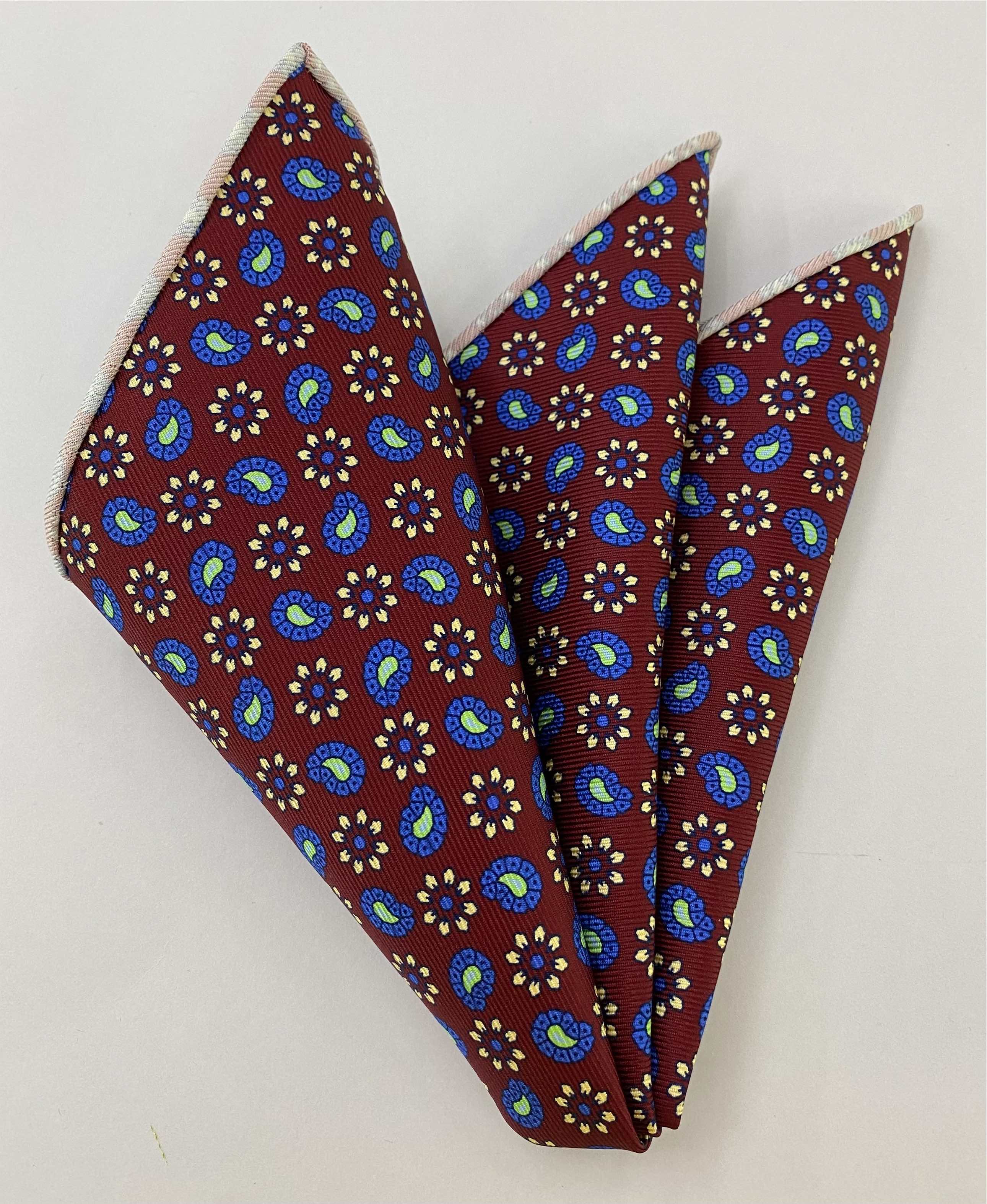 Blue on Maroon Macclesfield Modern Madder Printed Silk Pocket Square MMPP-6
