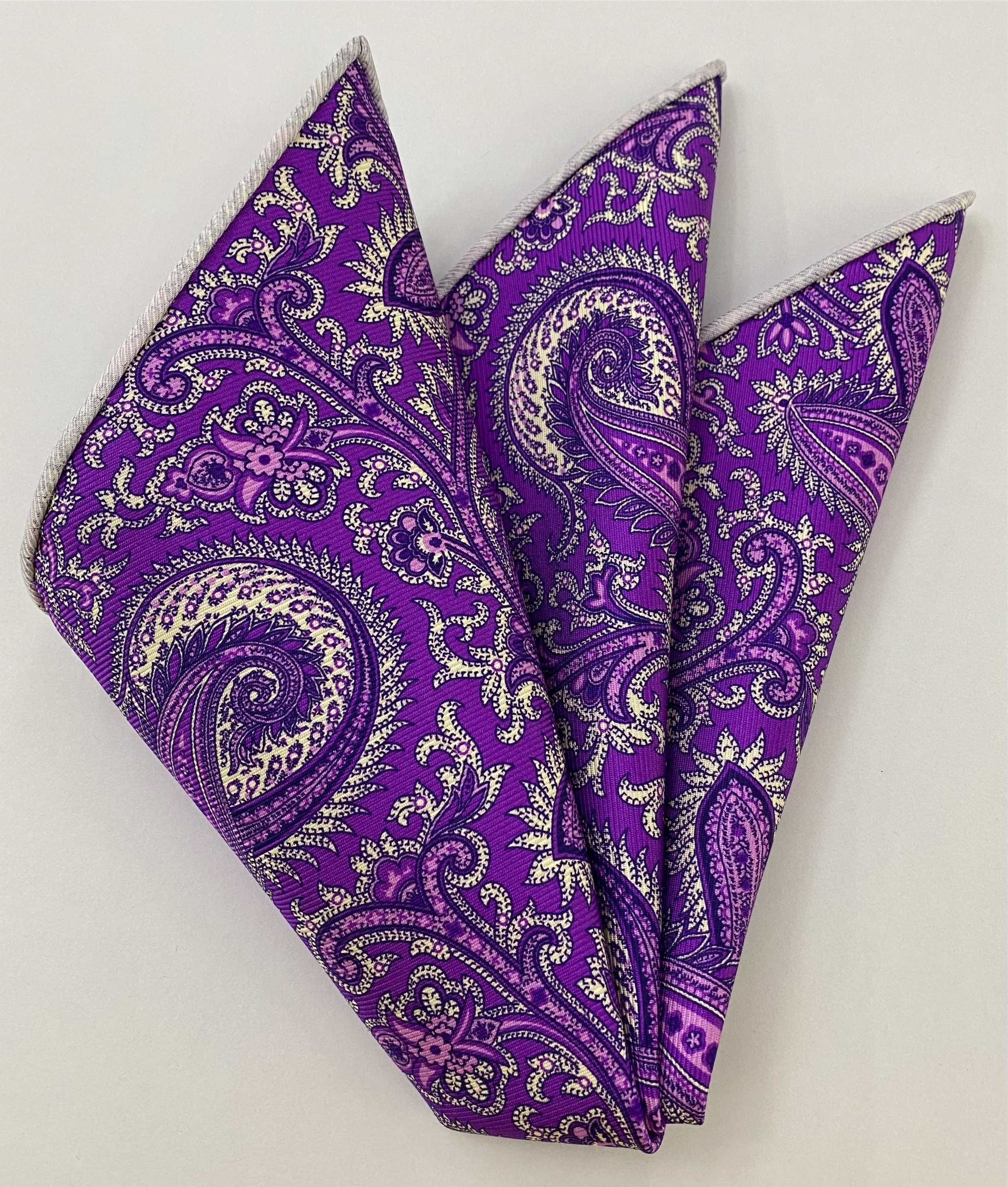 Off White on Purple Macclesfield Modern Madder Printed Silk Pocket Square MMPP-10