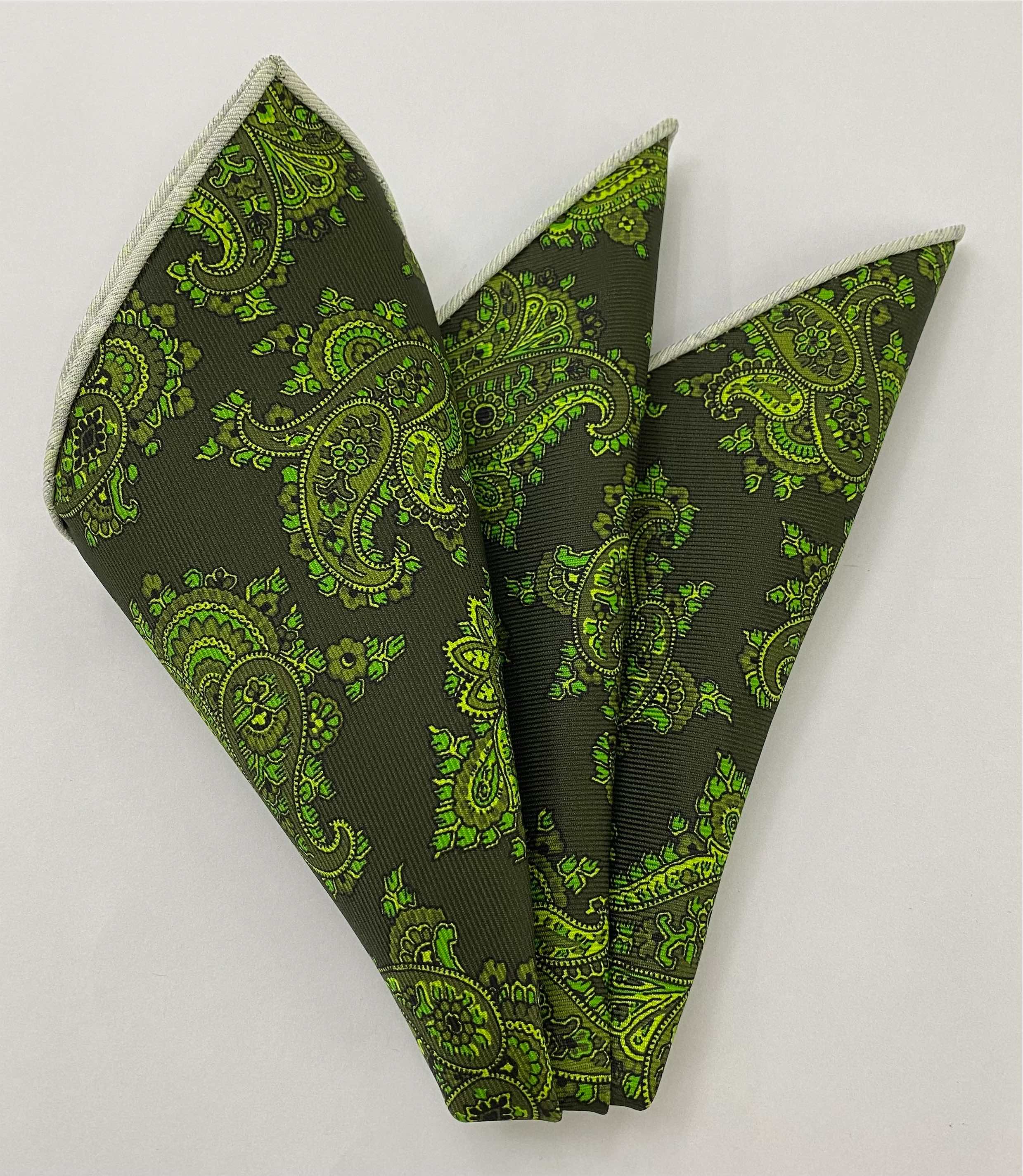 Olive Green on Dark Green Macclesfield Modern Madder Printed Silk Pocket Square MMPP-12