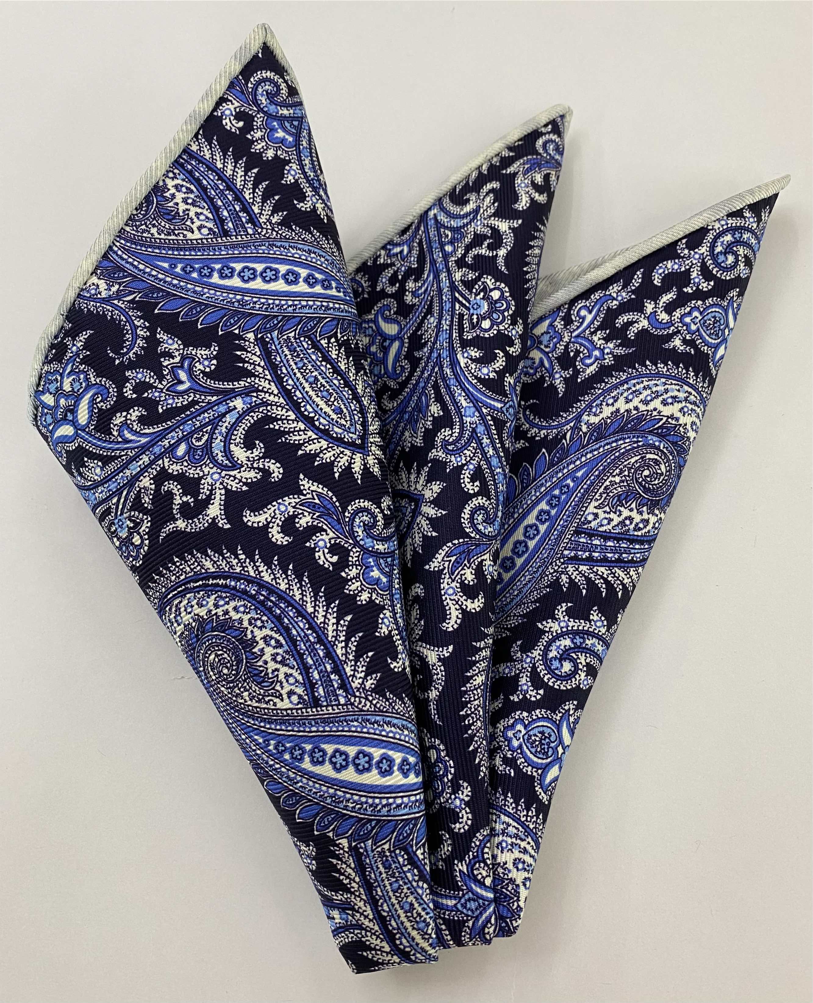 White & Blue on Navy Macclesfield Printed Silk Pocket Square MCP-727