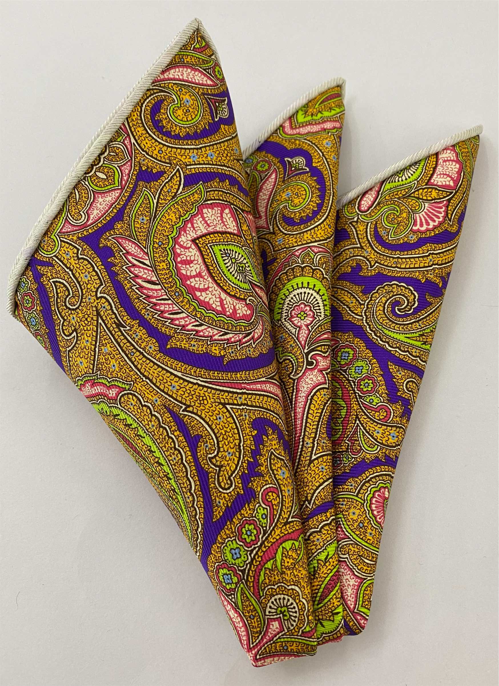 Yellow on Purple Macclesfield Printed Silk Pocket Square MCP-743