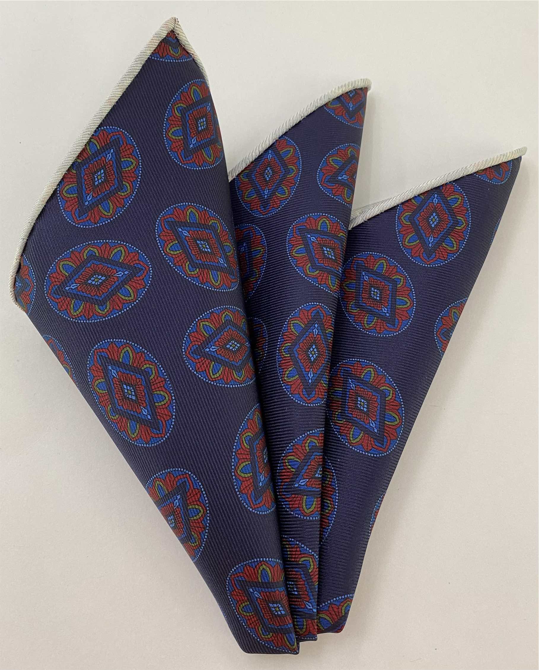 Maroon on Navy Macclesfield Printed Silk Pocket Square MCP-746