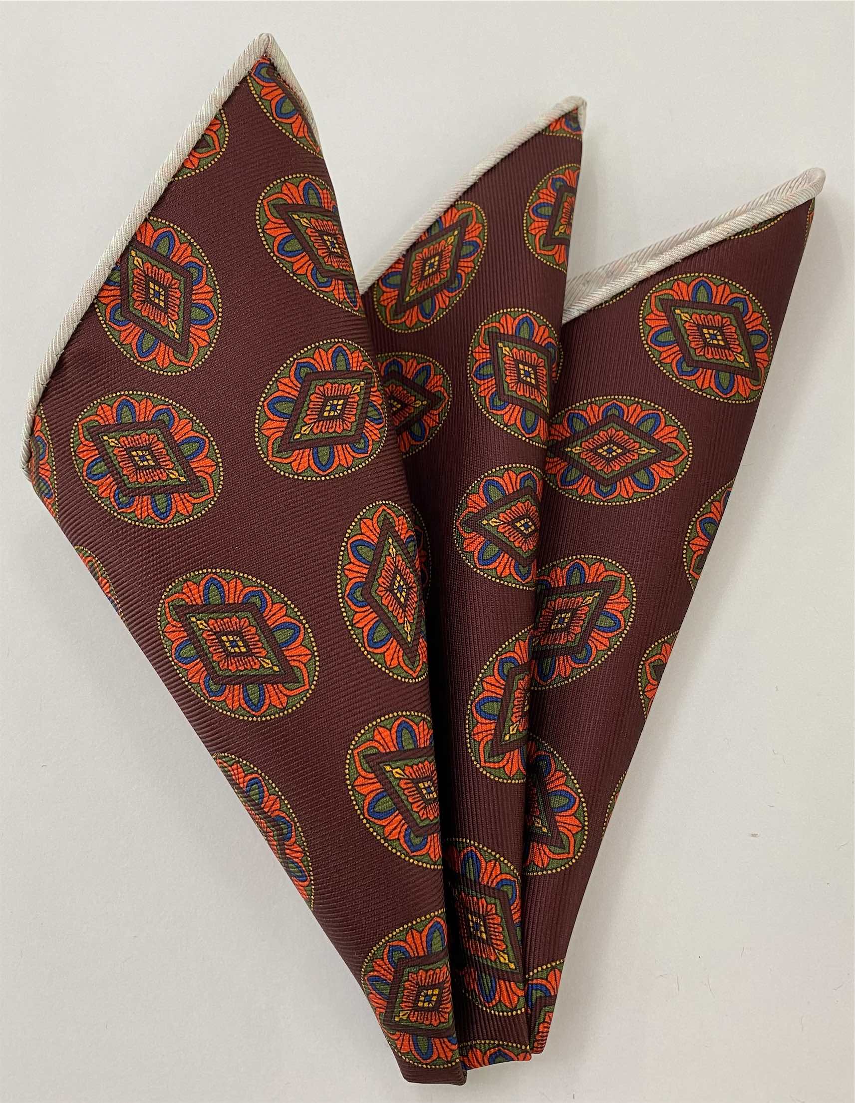 Orange on Maroon Macclesfield Printed Silk Pocket Square MCP-748